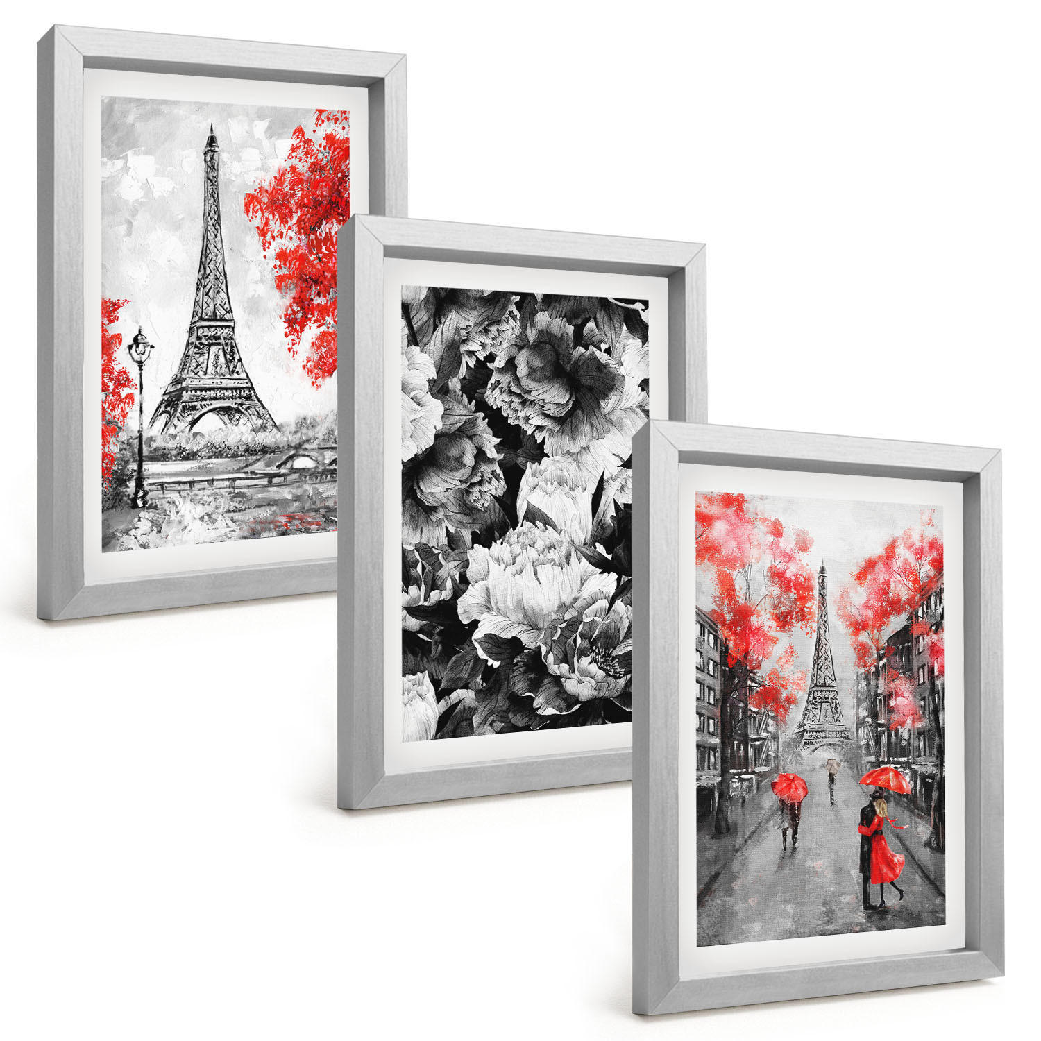 BILDER SET 3er Set - 20x30 cm Silberner Rahmen - graue Gemälde des Eiffelturms - Silberfarben, Kunststoff (20/30cm) - TULUP