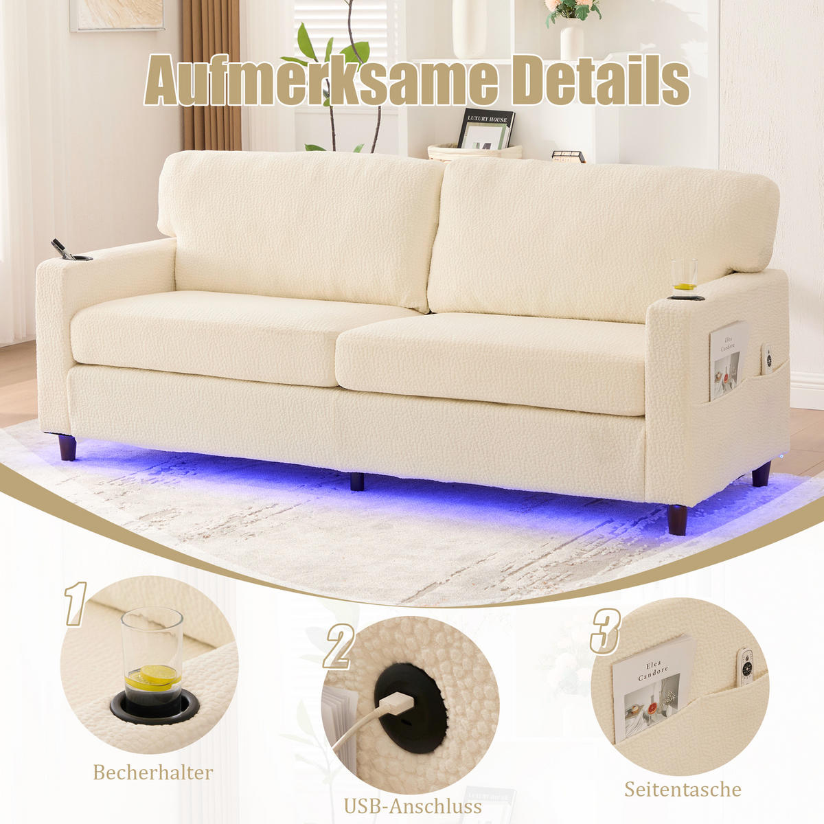 ZWEISITZER Sofa Chenille mit USB-Anschluss und LED-Licht 203/77,5/86 cm Beige - Beige, Textil (77.5/86/203cm) - Redom