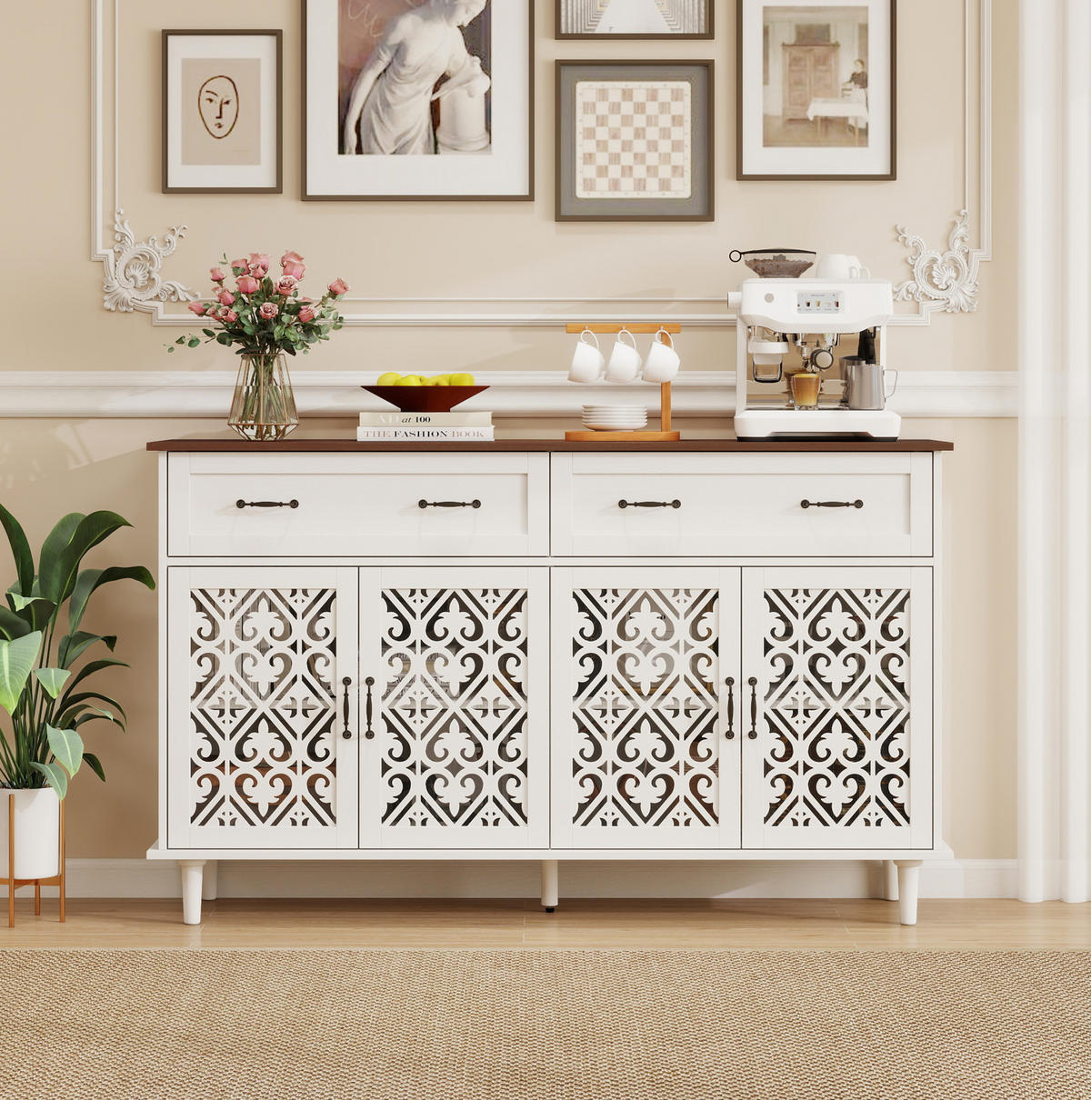 SIDEBOARD mit 4 Türen, 2 Schubladen, verstellbaren Einlegeböden und Massivholzplatte, Weiß - Weiß, Holzwerkstoff (150/90.3/40cm) - Redom