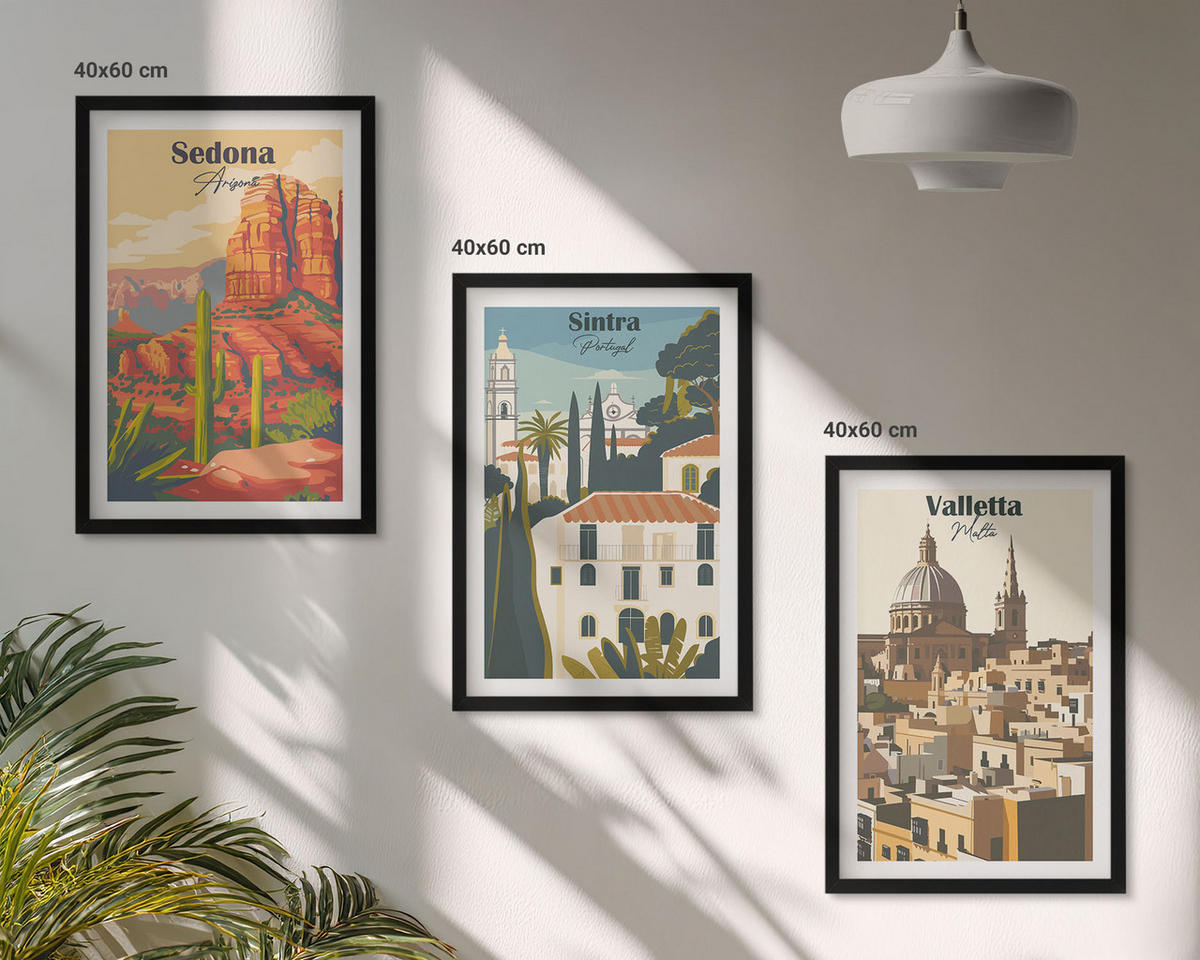 BILDER SET 3er Set - 40x60 cm Schwarzer Rahmen - Ansichten Sedona Sintra Valletta Retro - Schwarz, Kunststoff (40/60cm) - TULUP