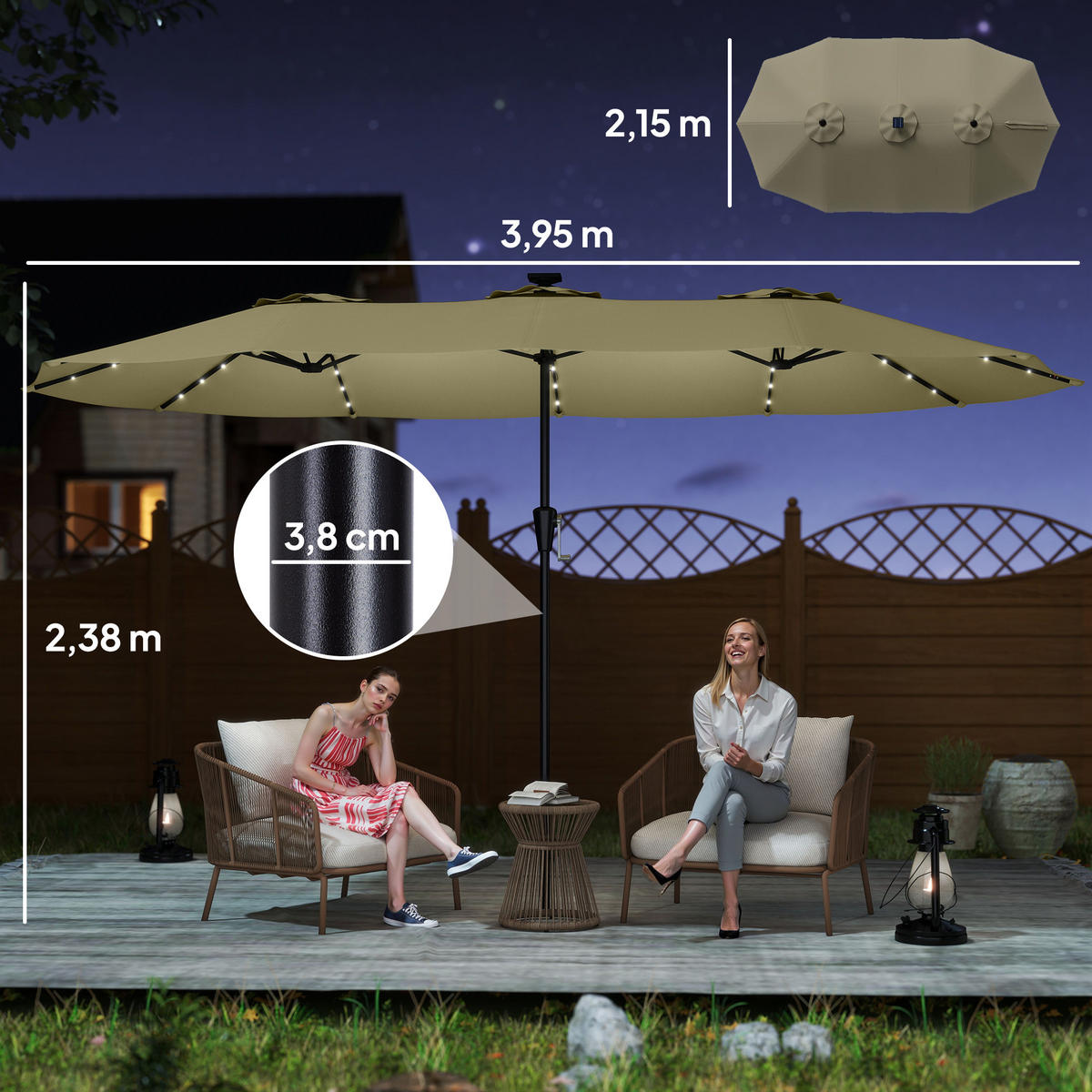 DOPPELSONNENSCHIRM Beige 395/215/238 cm mit LED-Beleuchtung - Beige, Metall (395/215cm) - PANGIVO