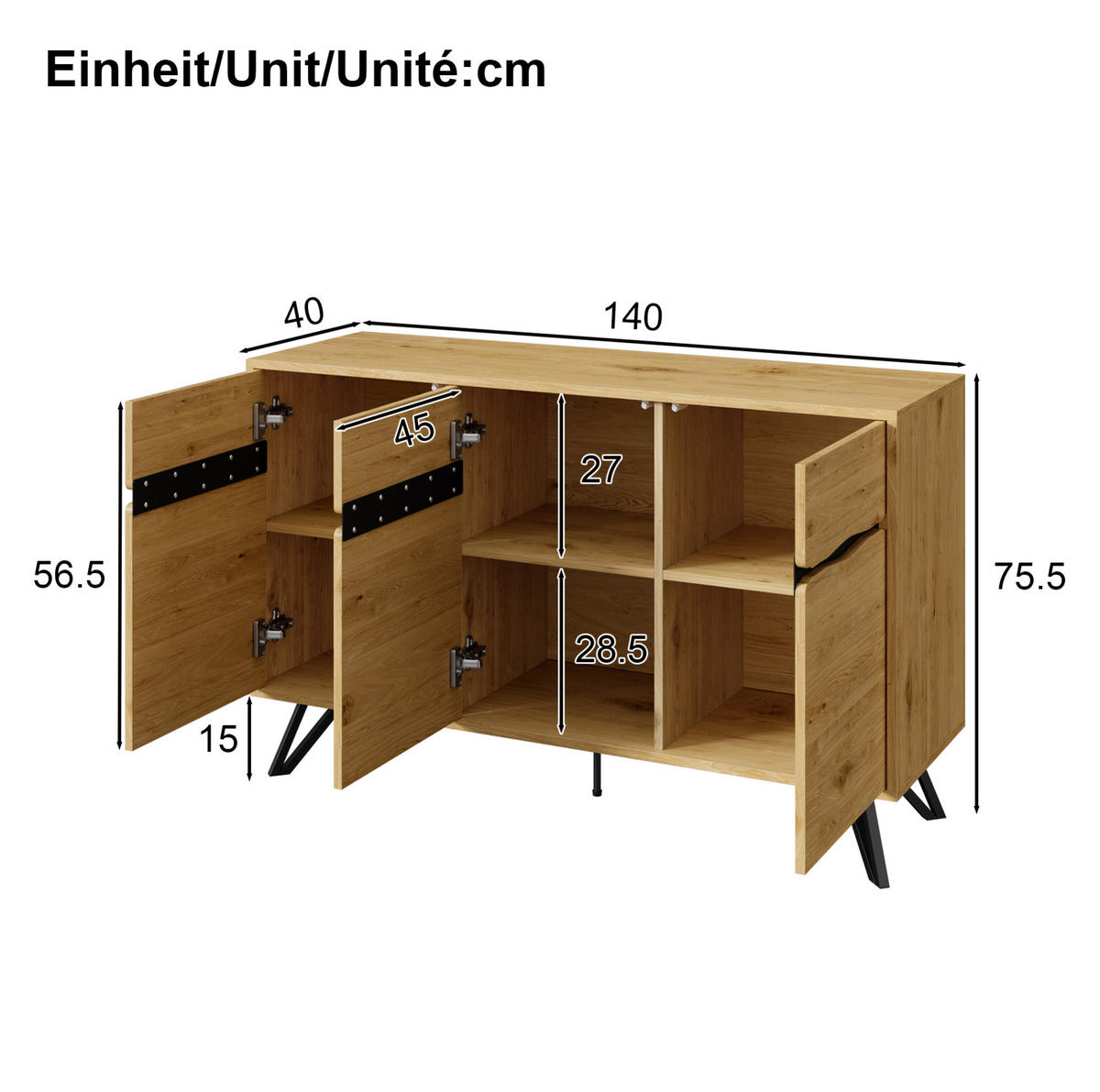 SIDEBOARD aus Spanplatte 140x40x75,5 cm Holzfarbe/Schwarz mit 3 Türen und Metallbeinen - Naturfarben, Holzwerkstoff (140/75.5/40cm) - IVMEU