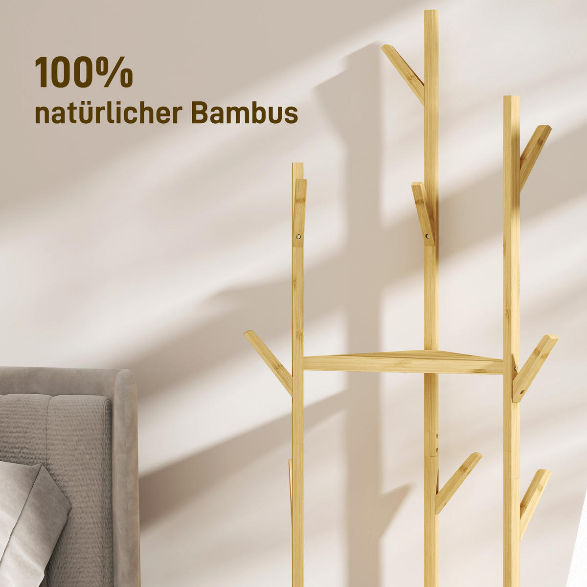 GARDEROBENSTÄNDER, Kleiderständer mit 9 Haken, 3 Ebenen, Jackerständer für Hüte - Naturfarben, Holzwerkstoff (45/170/45cm) - HOMCOM