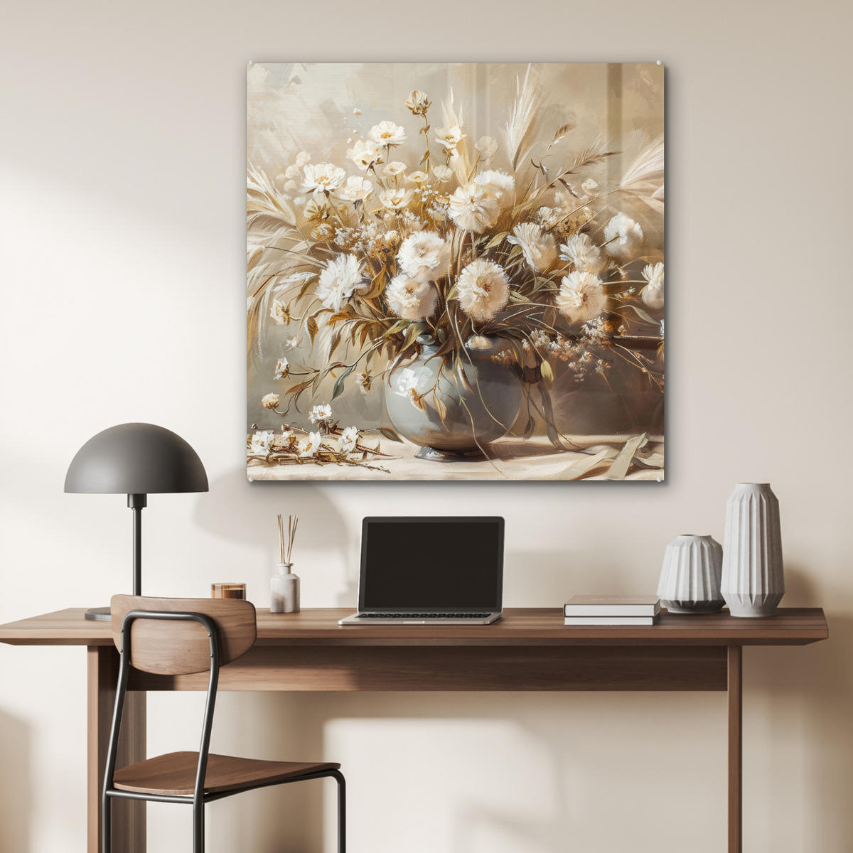 ACRYLGLASBILD Blumen - Vase - Stilleben - Beige 90x90 cm - Creme, Glas (90/90cm) - MuchoWow