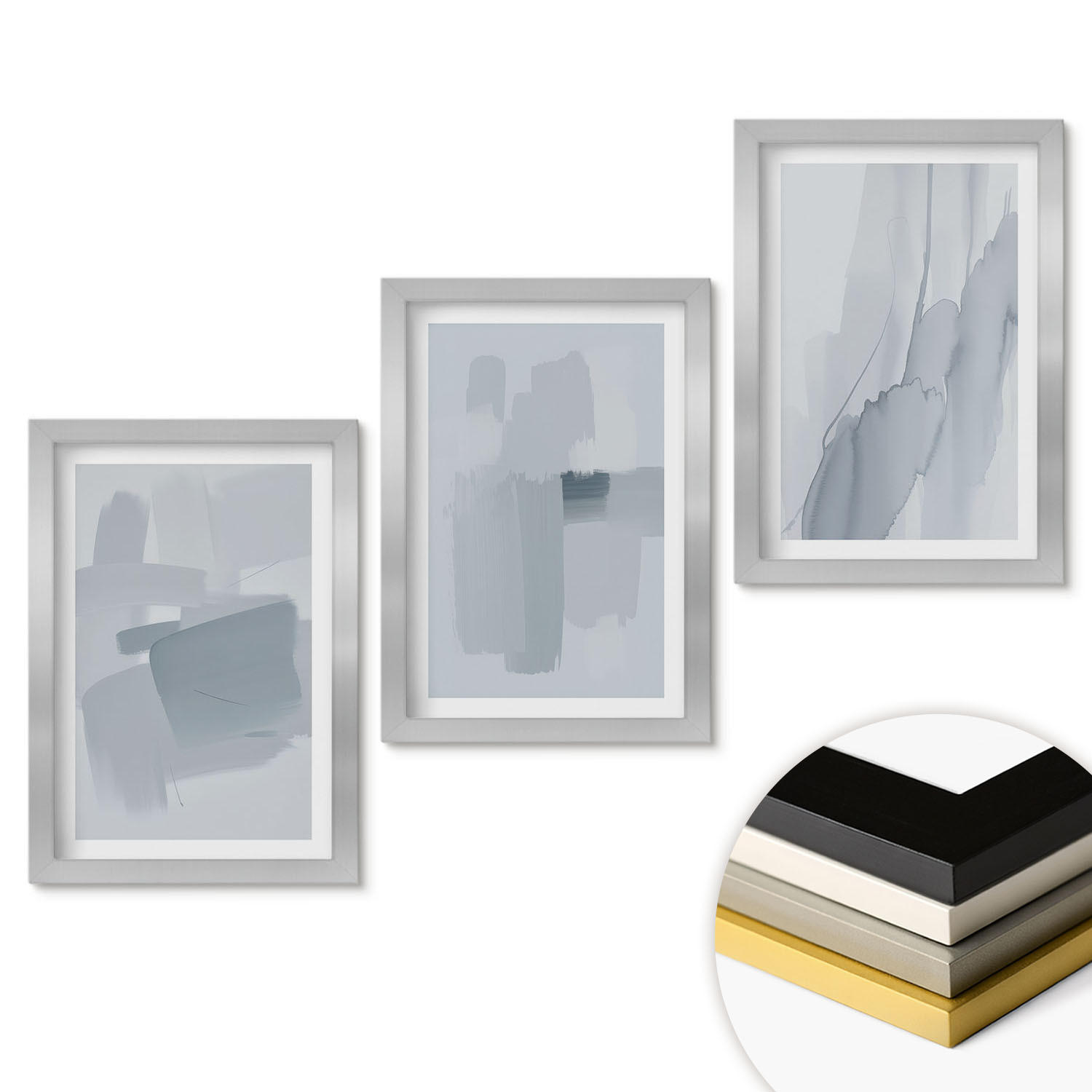 WANDBILDER 3er Set - 20x30 cm Silberner Rahmen - Abstrakte Aquarellkunst - Silberfarben, Kunststoff (20/30cm) - ArtPrintCave