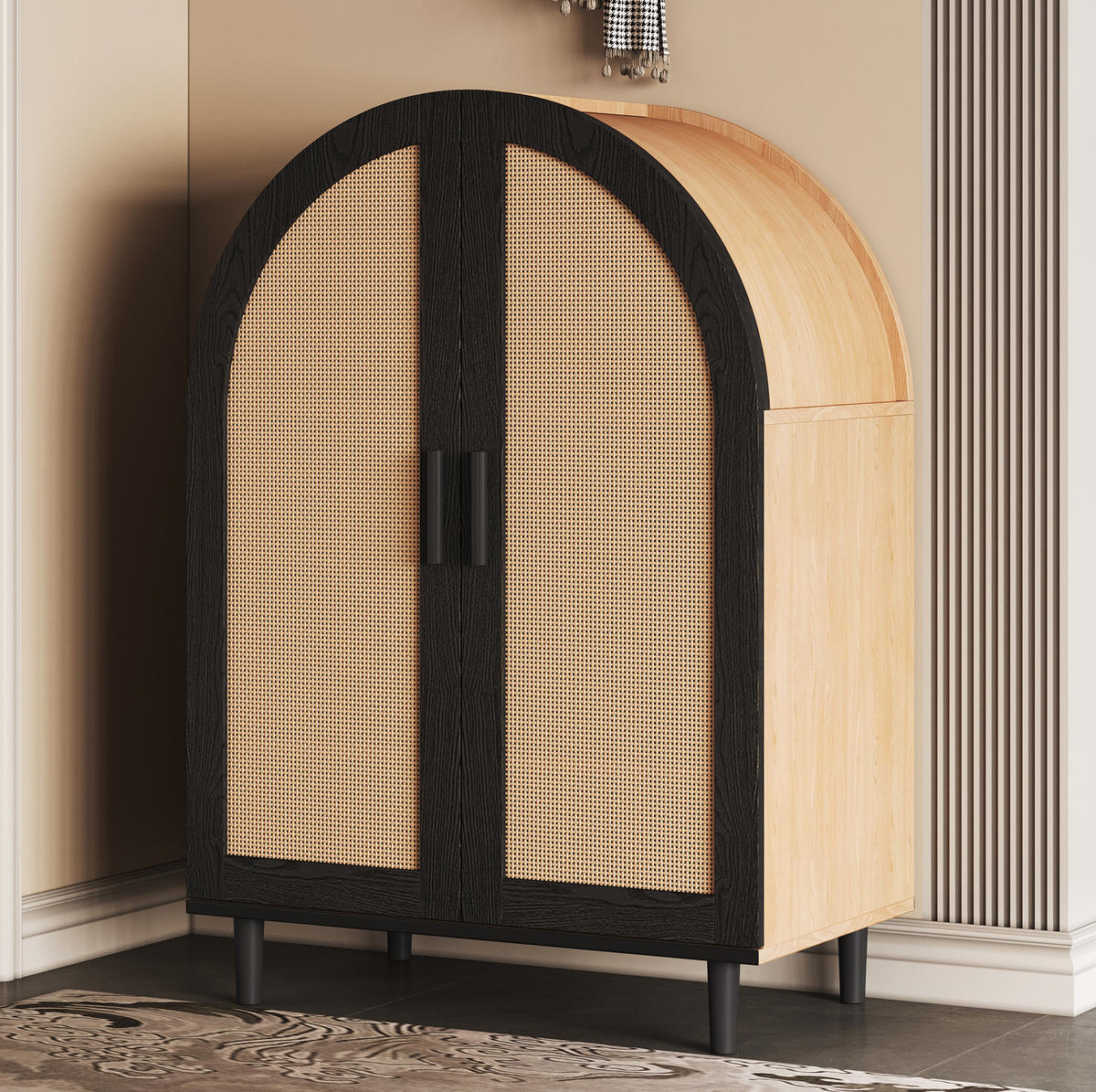 SCHUHSCHRANK 70/40/100 cm natur/schwarz aus MDF und Holzwerkstoff mit Rattantüren - Naturfarben, Holzwerkstoff (70/100/40cm) - OKWISH