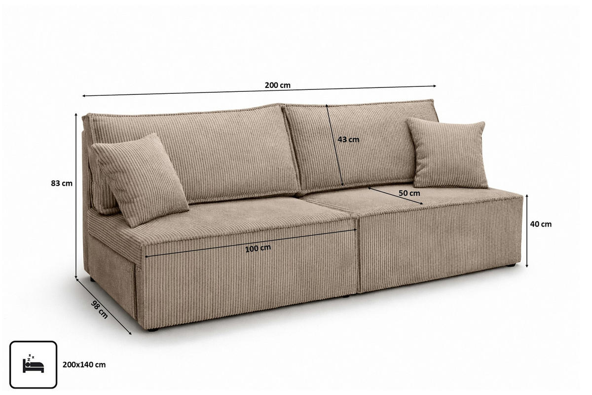SOFA Mit Schlaffunktion Und Bettkasten, Cordstoff Poso, Dunkelbeige, BEST MINI - Beige, Holz (200/83/98cm) - Kaiser Möbel