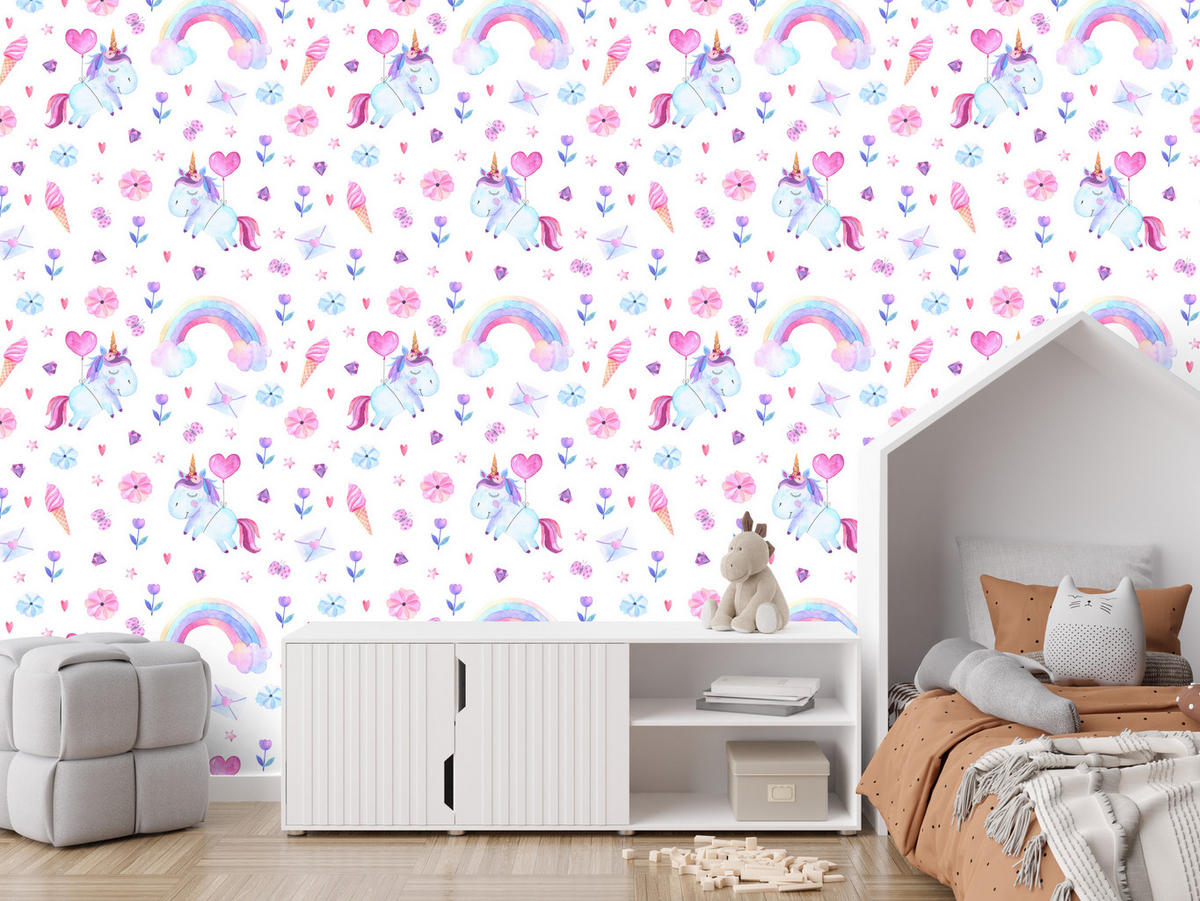 VLIESTAPETE Einhörner und Regenbogen – Rosa, Blau, Weiß – 50x1000 cm - Blau/Rosa, Papier (50/1000cm) - Muralo