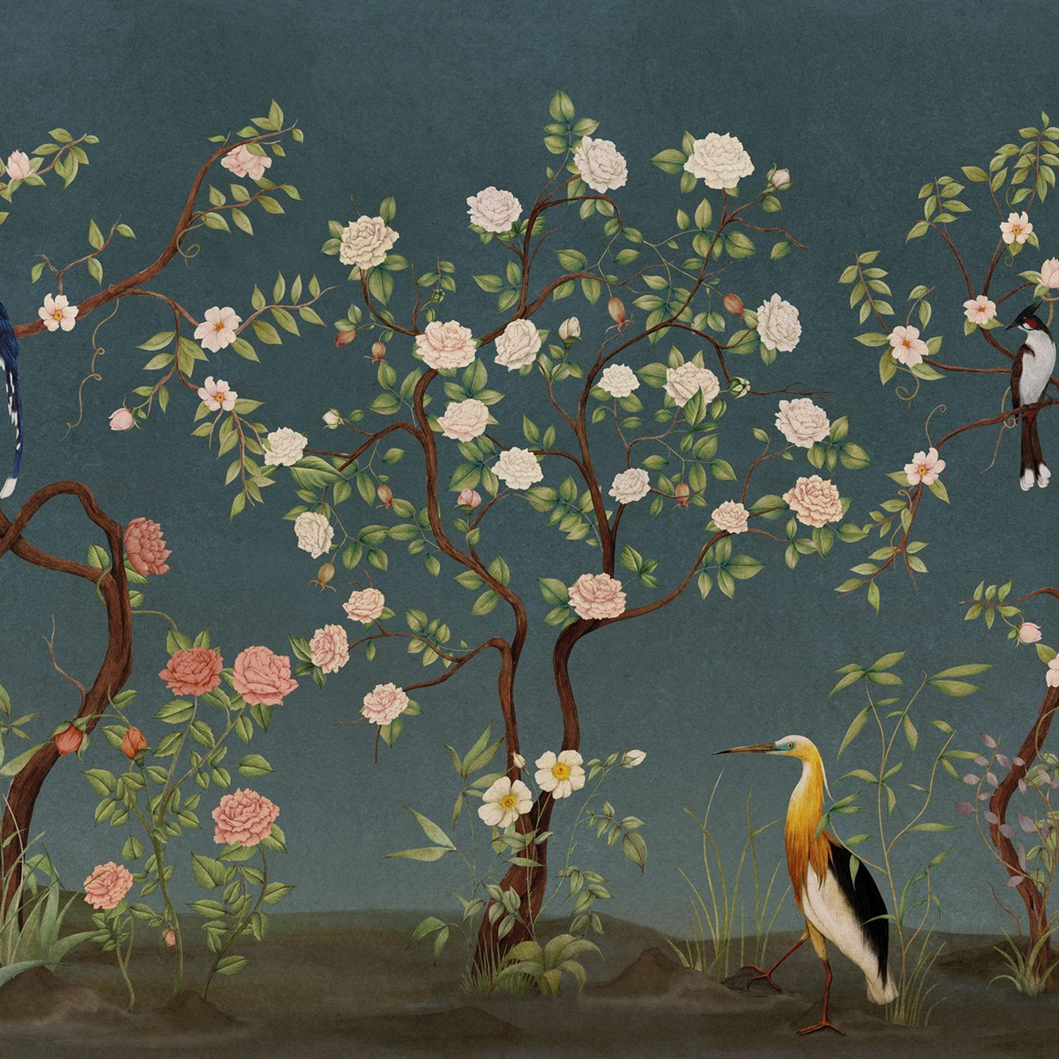 FOTOTAPETE Blumen und Vögel 424 x 280 cm - Blau, Papier (424/280cm) - Sanders & Sanders