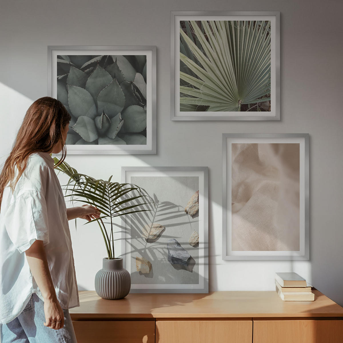 BILDER SET 4er Set - 50x50 cm & 40x60 cm Silberner Rahmen - Steine, Holz, Stofftexturen - Silberfarben, Kunststoff (50/50cm) - TULUP