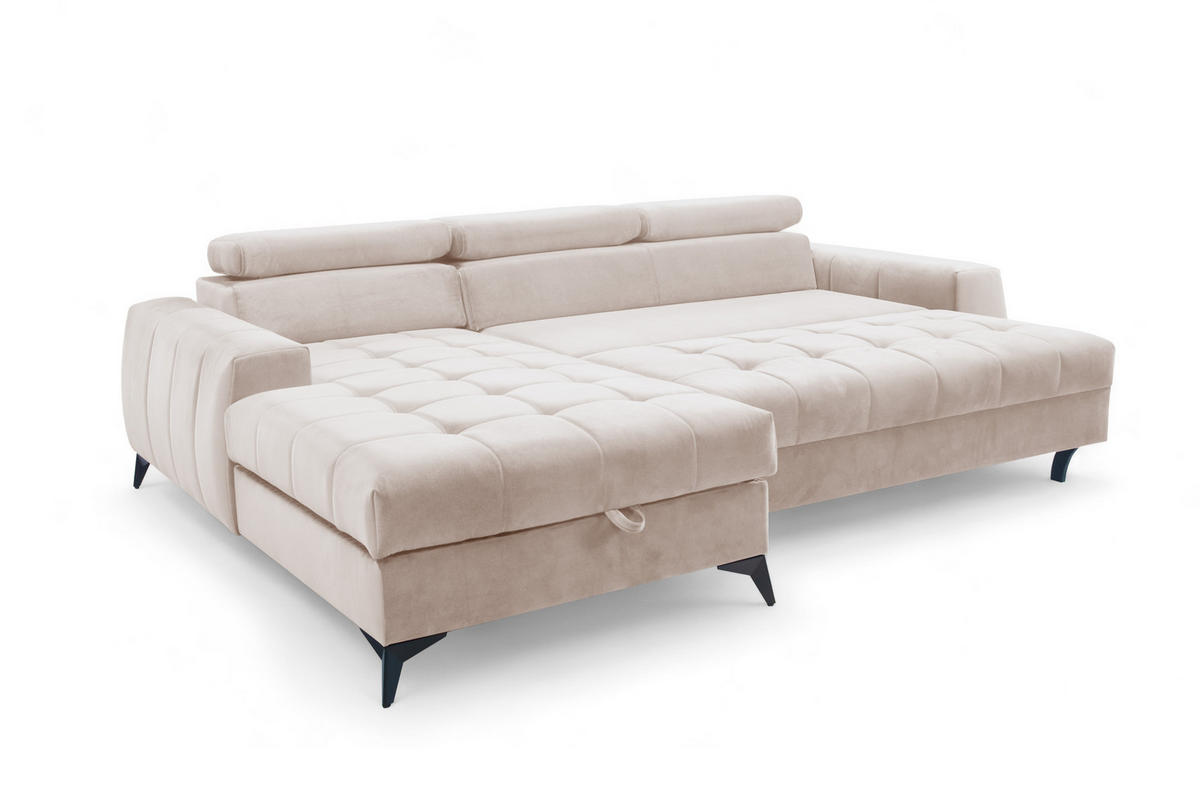 ECKSOFA L Form Arkucio Mini Beige 260/200/95 cm Links mit Schlaffunktion - Beige/Schwarz, Textil/Metall (200/260cm) - AX Living