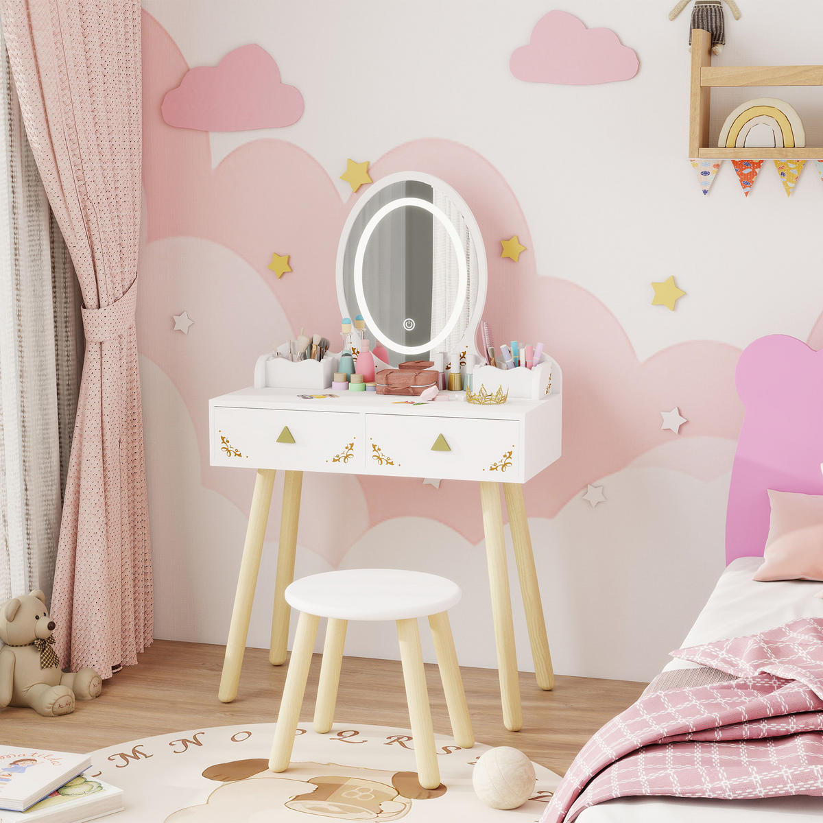 KINDERSCHMINKTISCH DE-18638 2-in-1 mit 3-farbigem LED-Spiegel Weiß - Weiß, Holzwerkstoff (30/99.3/60cm) - ComfortXL