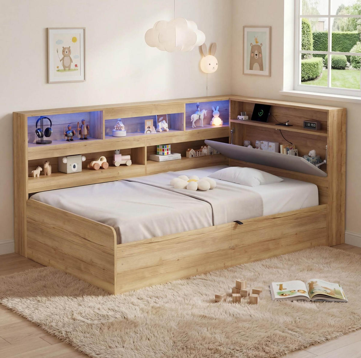 DETSKÁ posteľ 90/200 cm prírodná s hydraulickým úložným priestorom LED a USB z MDF - prírodná farba, kompozitné drevo (90/200cm) - OKWISH