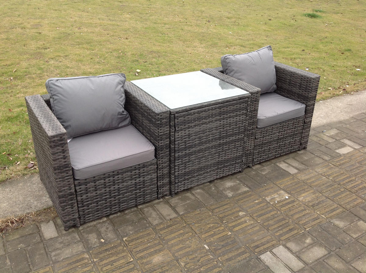 GARTENMÖBELSET mit Couchtisch Polyrattan 2-Sitzer - Dunkelgrau/Grau, Glas/Kunststoff - Fimous