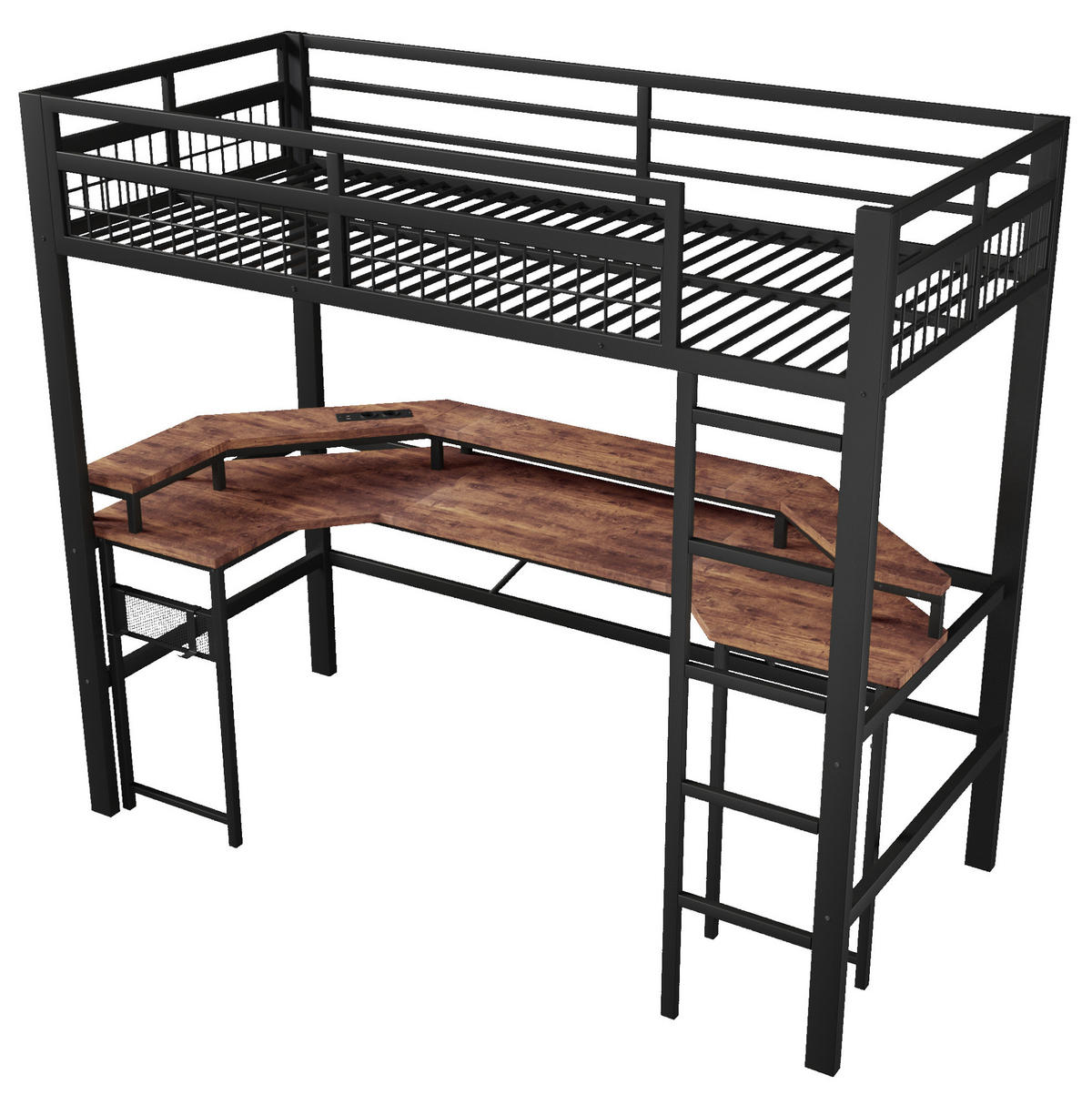HOCHBETT 90/200 cm mit Schreibtisch, LED-Lichtleiste, USB, Typ-C, 2 Steckdosen und Lochwand, Eisen/MDF, Schwarz - Schwarz, Metall (90/200cm) - Redom