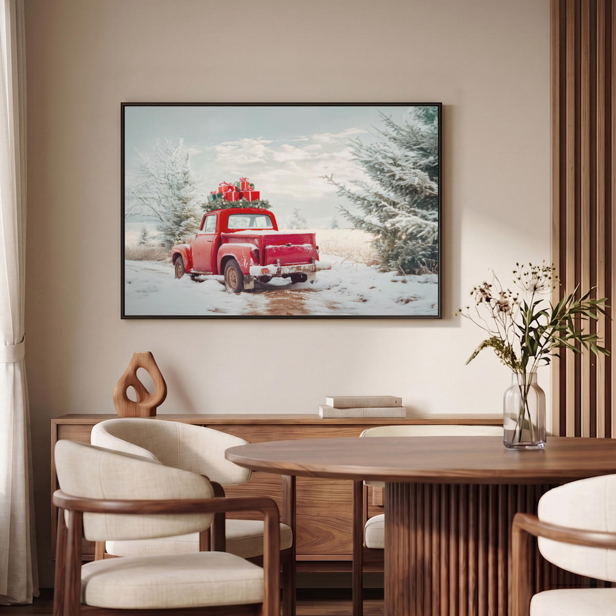 LEINWAND Bilder mit Rahmen - Auto - Rot - Geschenke - Winter - Schnee - Weihnachten - 90x60 - Rot, Textil (90/60cm) - MuchoWow