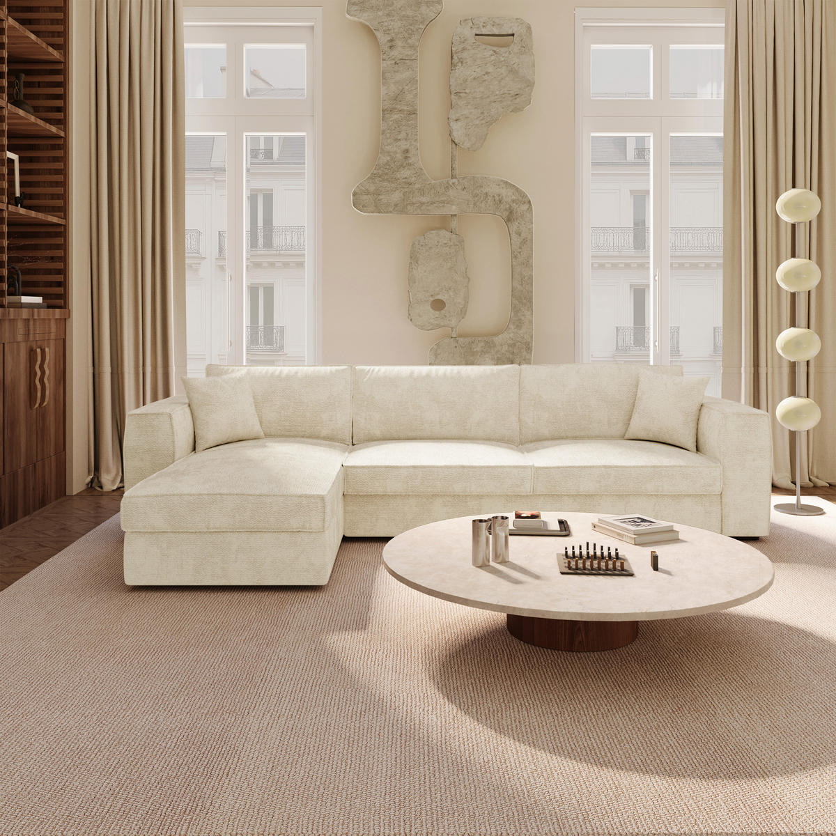 LINKSECK-SCHLAFSOFA MIKA Köpergewebe mit weichem Griff Creme 292cm - Creme, Textil (292/100cm) - Premium Interiors