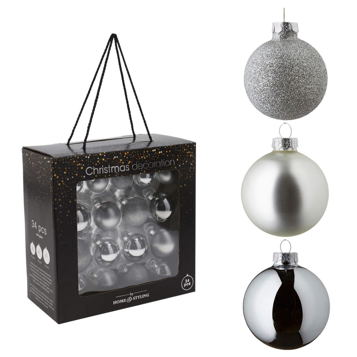 CHRISTBAUMKUGEL 34er Set, Grau - Grau, Glas (26/13/28cm) - Mobili Rebecca