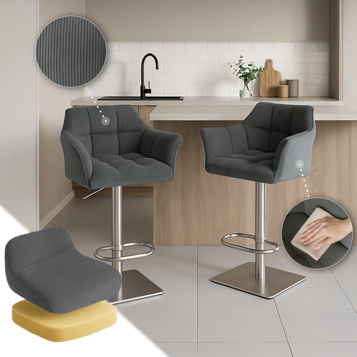 BARHOCKER Cord Grau - Edelstahlfarben/Grau, Textil/Metall (64/88/45cm) - CLP