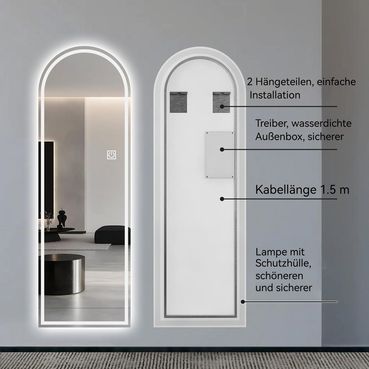 STANDSPIEGEL 165x50 cm mit LED – Ganzkörperspiegel bogenförmig, dimmbar, 3 Lichtfarben, für Schlafzimmer & Ankleidezimmer - Silberfarben, Glas (50/3/165cm) - Ej. Life