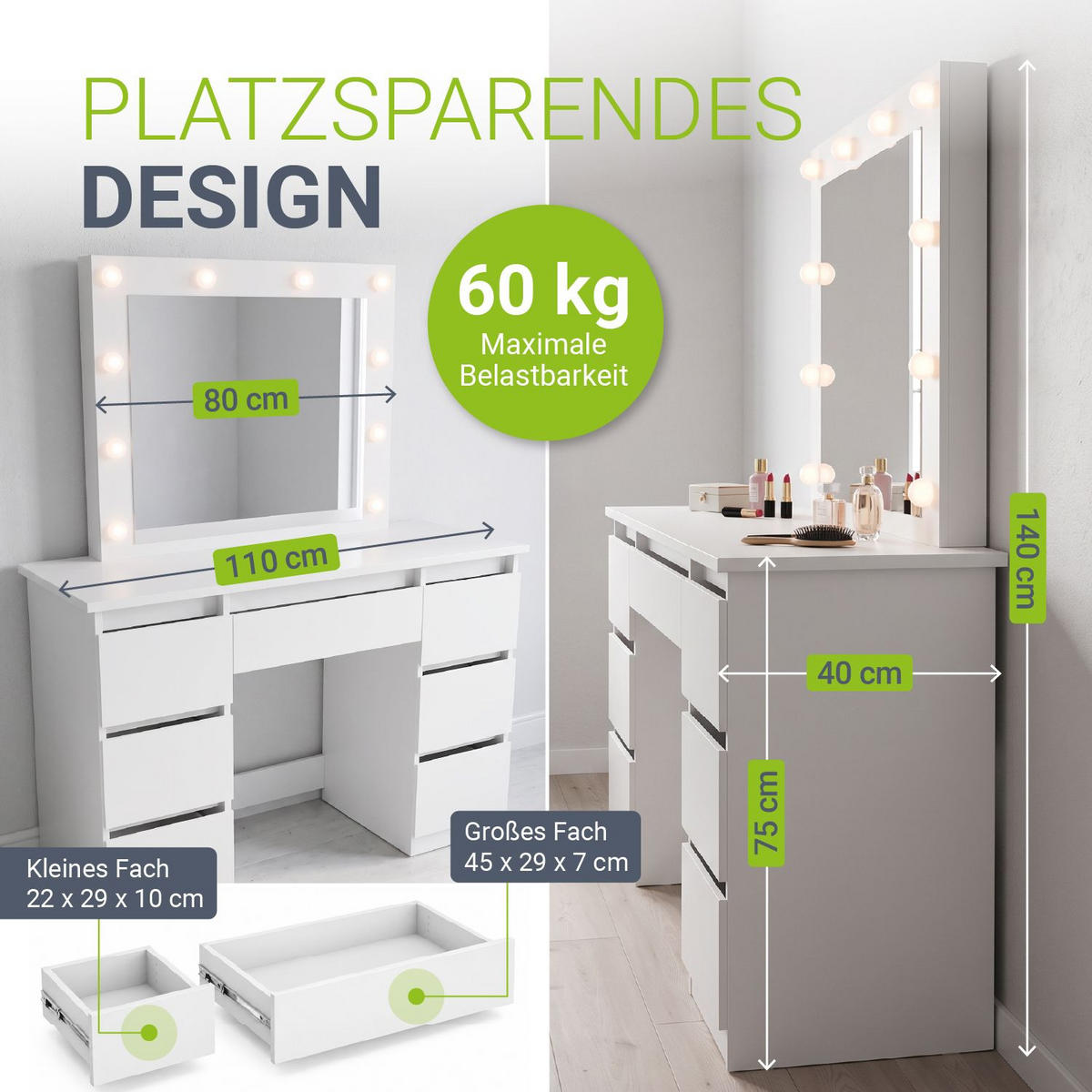 SCHMINKTISCH Talea mit LED (3 Lichtstufen) - Weiß, Holz (110/141/40cm) - Juskys