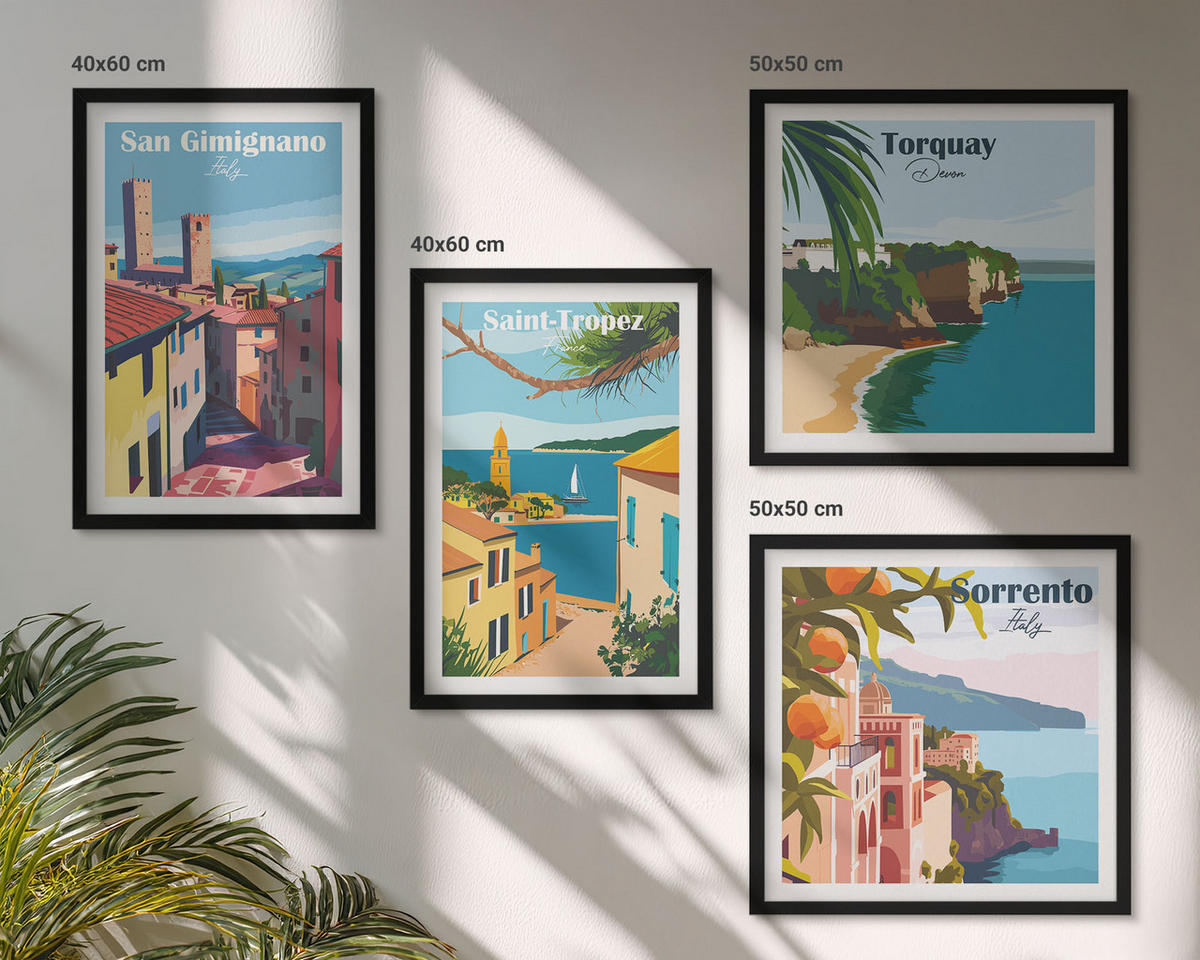 BILDER SET 4er Set - 50x50 cm & 40x60 cm Schwarzer Rahmen - Italienische Küstenstädte - Schwarz, Kunststoff (50/50cm) - TULUP