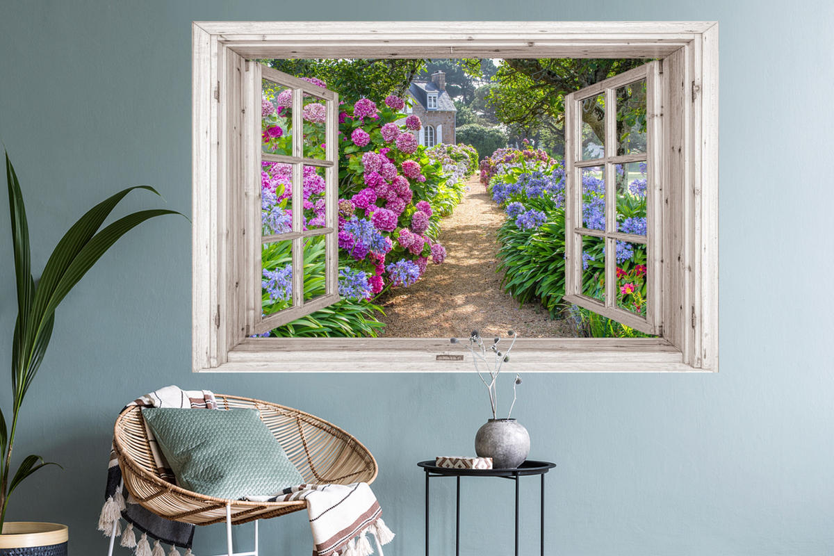 WANDTATTOO Hortensie - Fensterblick - Blumen - Sommer - Lila - Weg 120x80 cm - Lila, Kunststoff (120/80/0.1cm) - MuchoWow