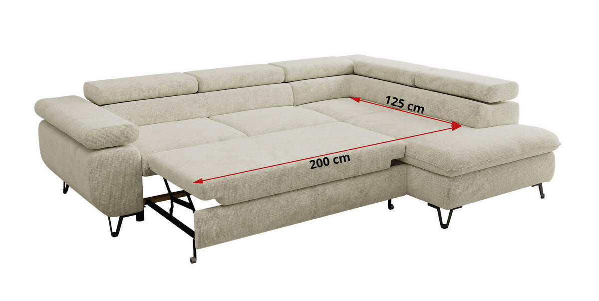 ECKSOFA PABLO L Creme Schenille grob gewebt - Rechts Seite mit T25 Topper - Creme/Schwarz, Textil/Metall (273/208cm) - MKS