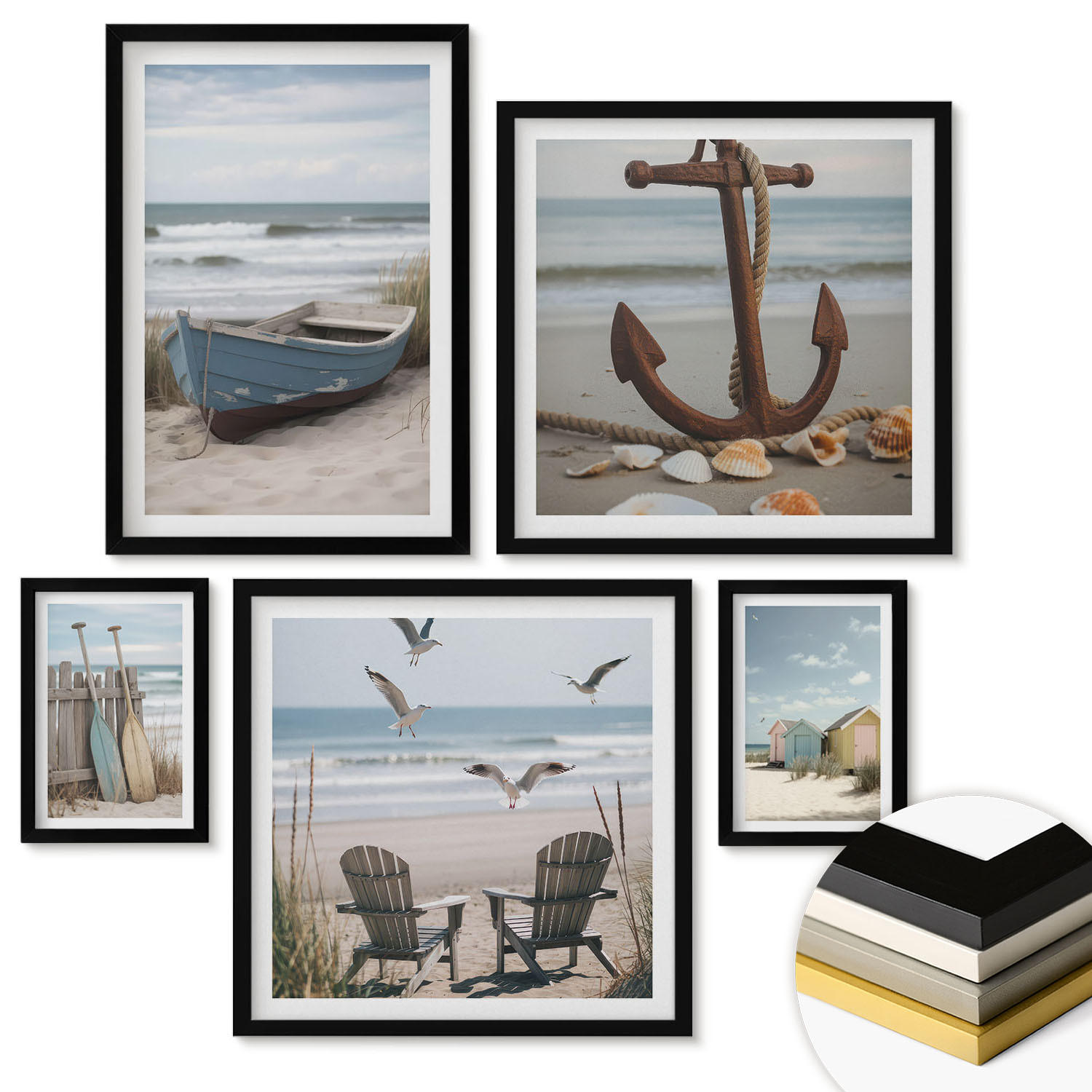 WANDBILDER 5er-Set - 50x50 cm & 20x30 cm & 40x60 cm Schwarzer Rahmen - Abstrakte Pflanzenmotive - Schwarz, Kunststoff (40/60cm) - ArtPrintCave
