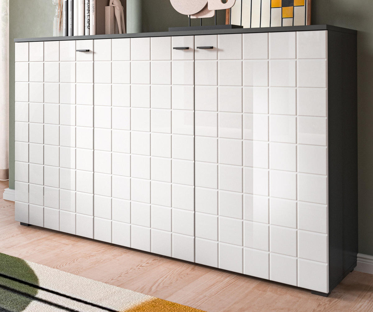 SIDEBOARD weiß Hochglanz, grau 138 cm, Kommode 3-türig - Weiß Hochglanz/Schwarz, Holzwerkstoff/Kunststoff (138/86/37cm) - Inn.Furn