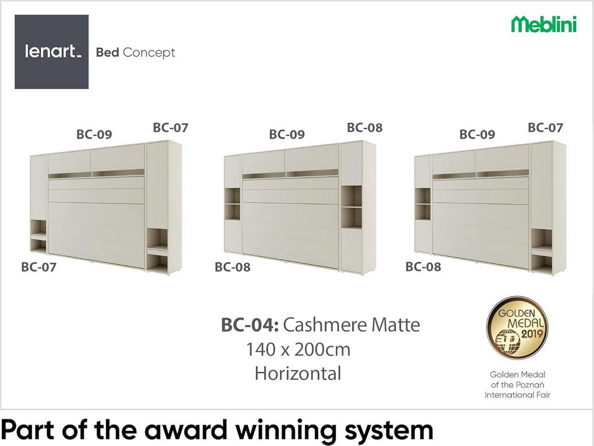 SCHRANKBETT BC-04 - 140x200cm Horizontal - Kaschmir mit Matratze - Kaschmir, Holzwerkstoff (200/140cm) - Meblini