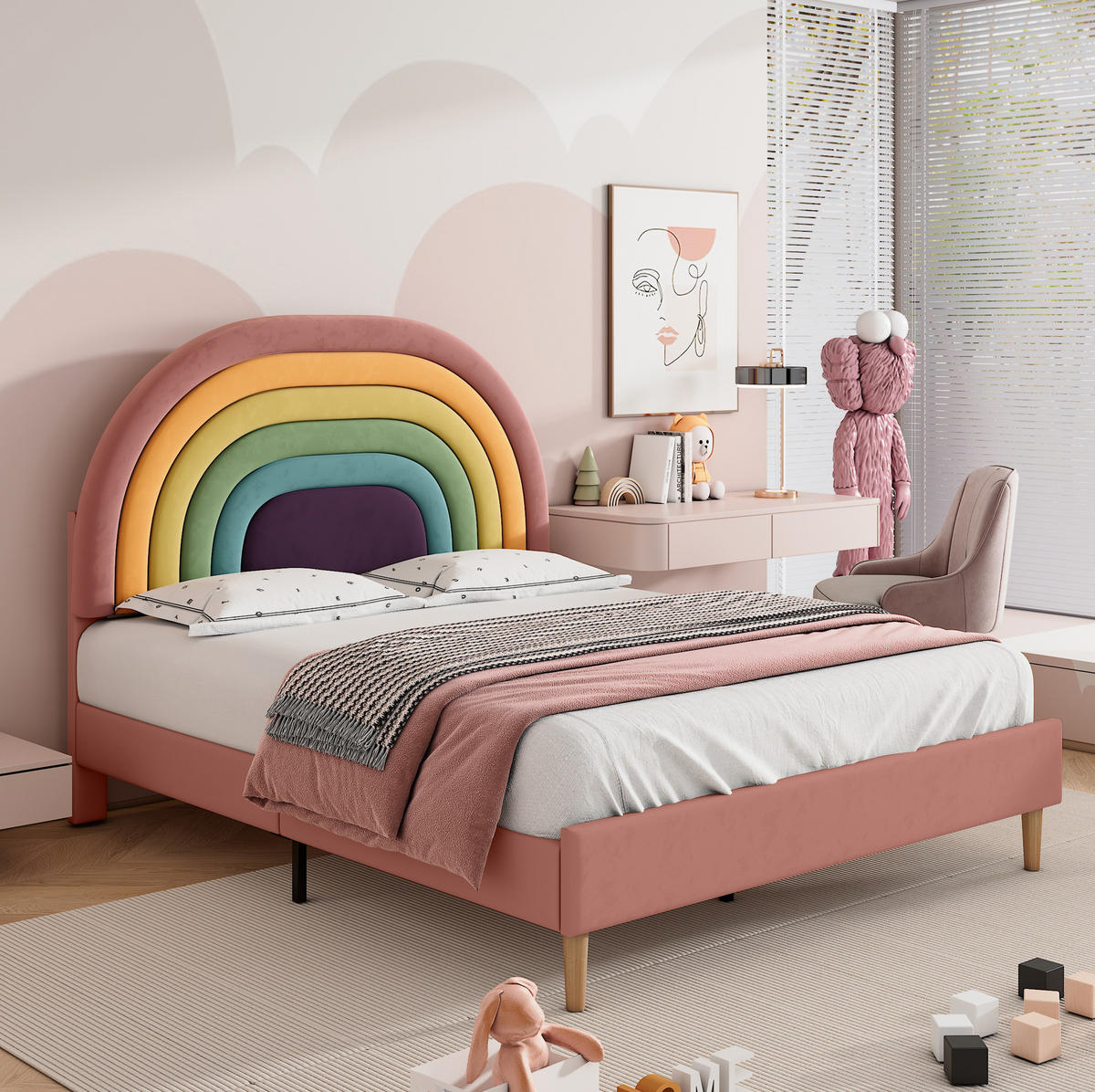 POLSTERBETT 140/200 cm mit Lattenrost, höhenverstellbarem Regenbogen-Kopfteil aus Samt, Rosa - Rosa, Textil (140/200cm) - Redom