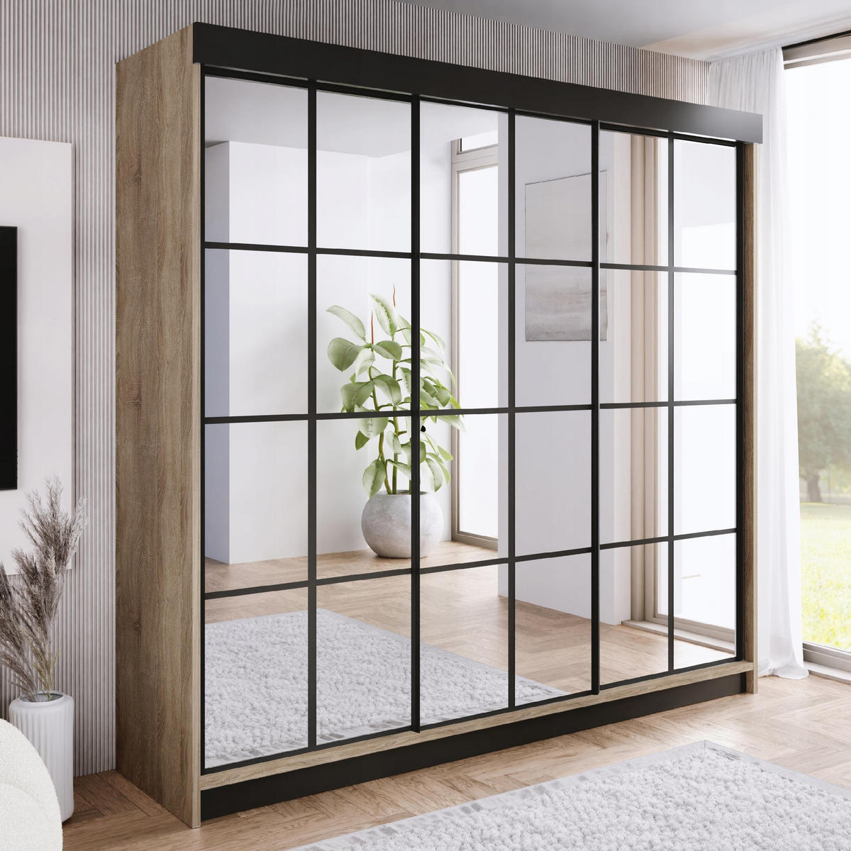 POSUVNÁ ŠATNÍ SKŘÍŇ ARI 3 se zrcadlem 250 - Dub Sonoma - Sonoma dub, kompozitní dřevo (250/200/62cm) - Kier Furniture