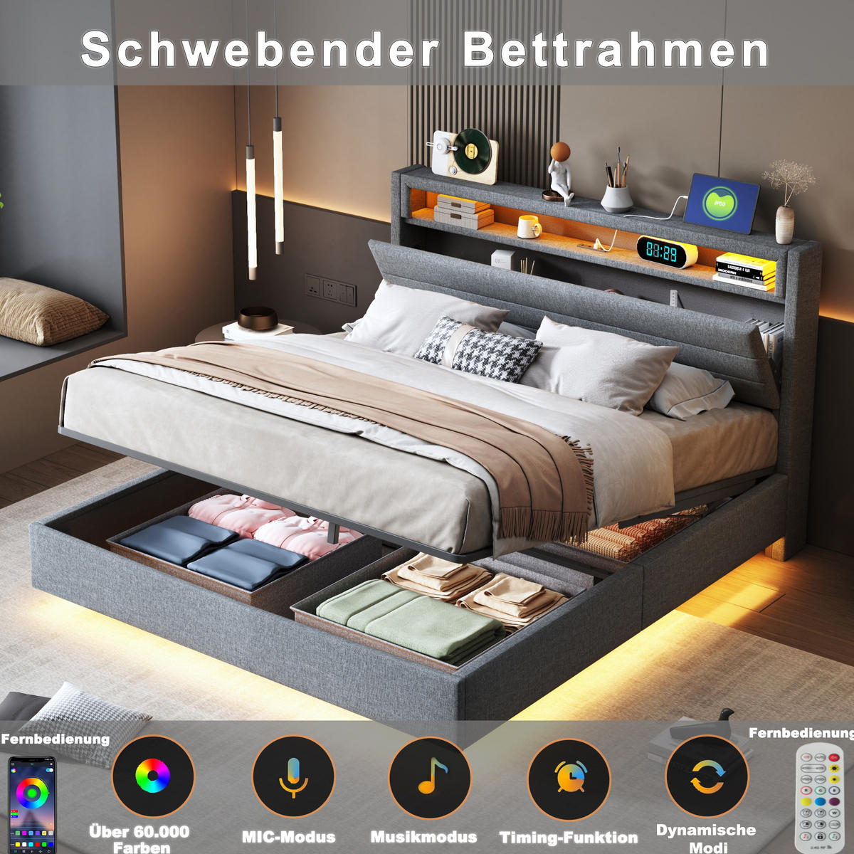 POLSTERBETT mit hydraulischem Stauraum und LED 140x200 cm Leinen Grau - Grau, Metall (140/200cm) - Beauniv