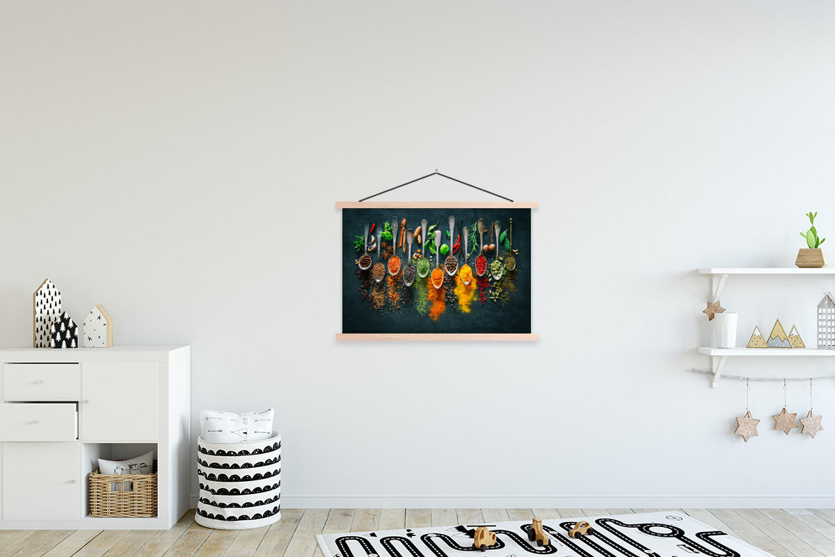 POSTER Kräuter - Gewürze - Löffel 90x60 cm - Currygelb, Textil (90/60/0.15cm) - MuchoWow