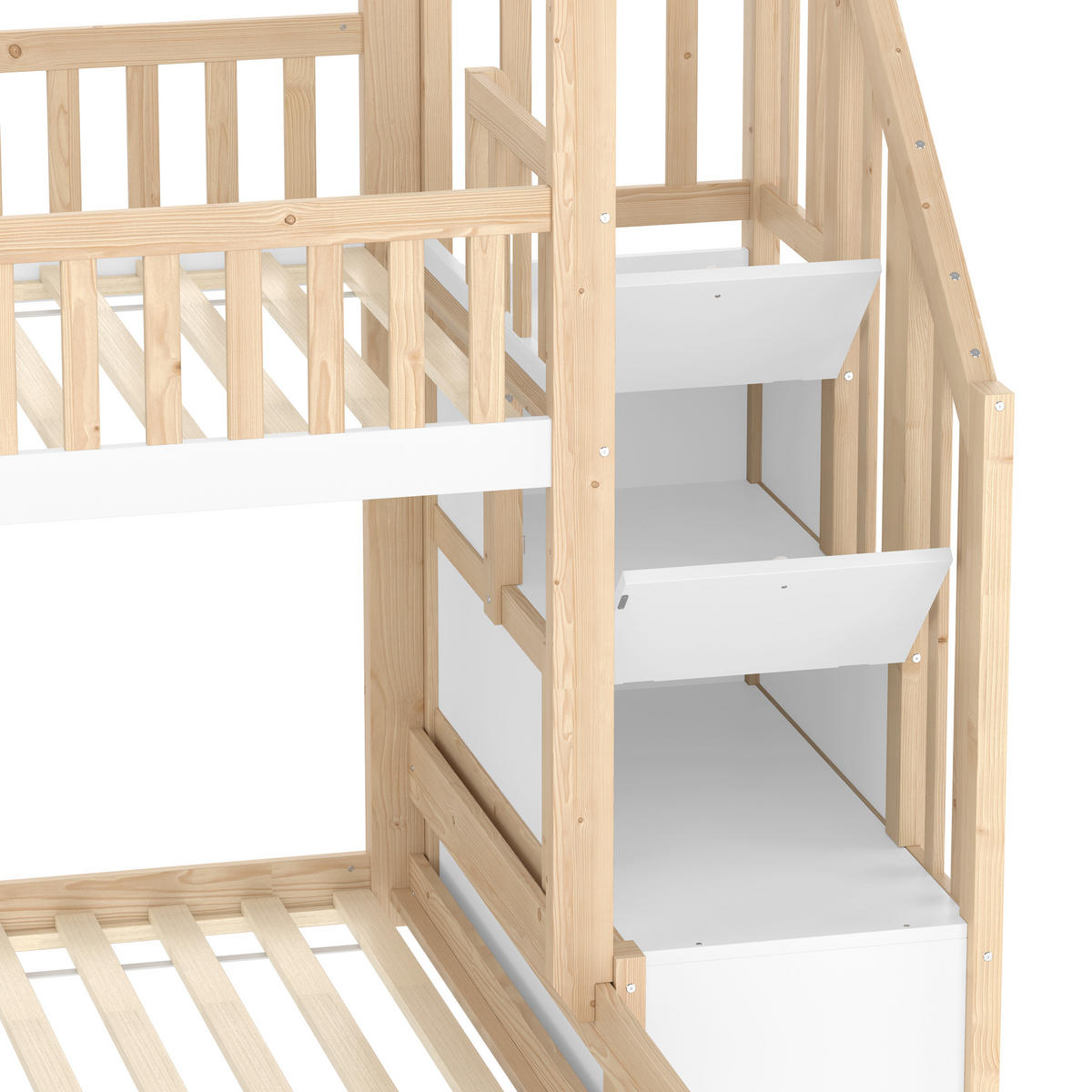 ETAGENBETT 90x200cm + 140x200cm Natur + Weiß Stauraumleiter Fenster - Multicolor, Holz (140/200cm) - FLIEKS