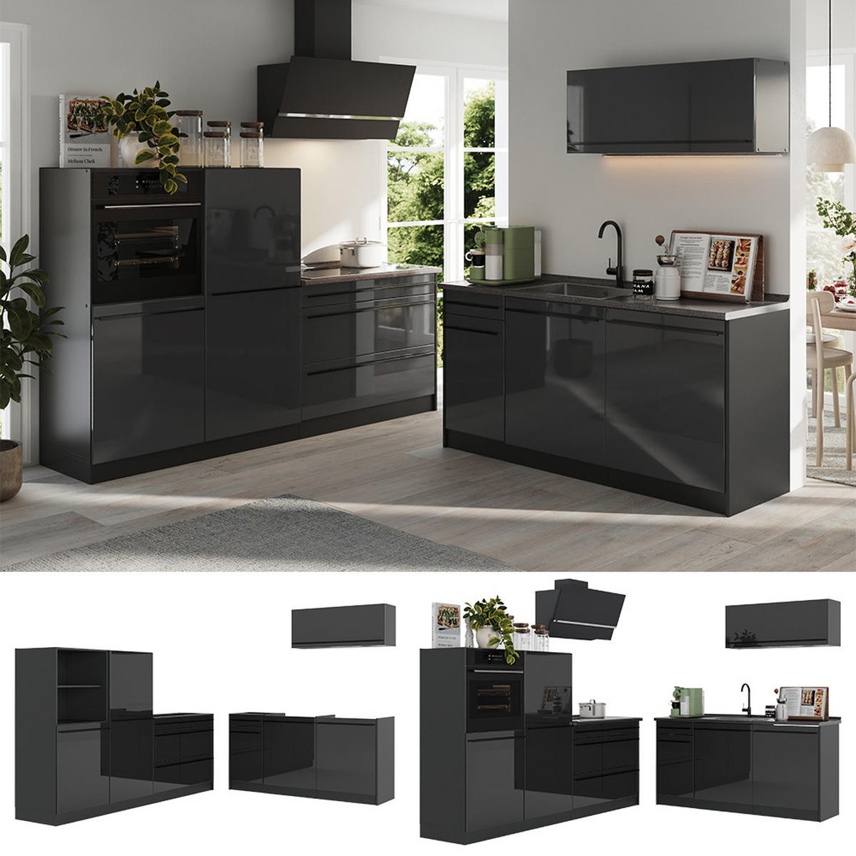 KÜCHENZEILE R-Line, Anthrazit Hochglanz/Anthrazit, 220 cm Arbeitsplatte Anthrazit - Schwarz Hochglanz/Anthrazit, Holzwerkstoff (220/143/60cm) - Vicco