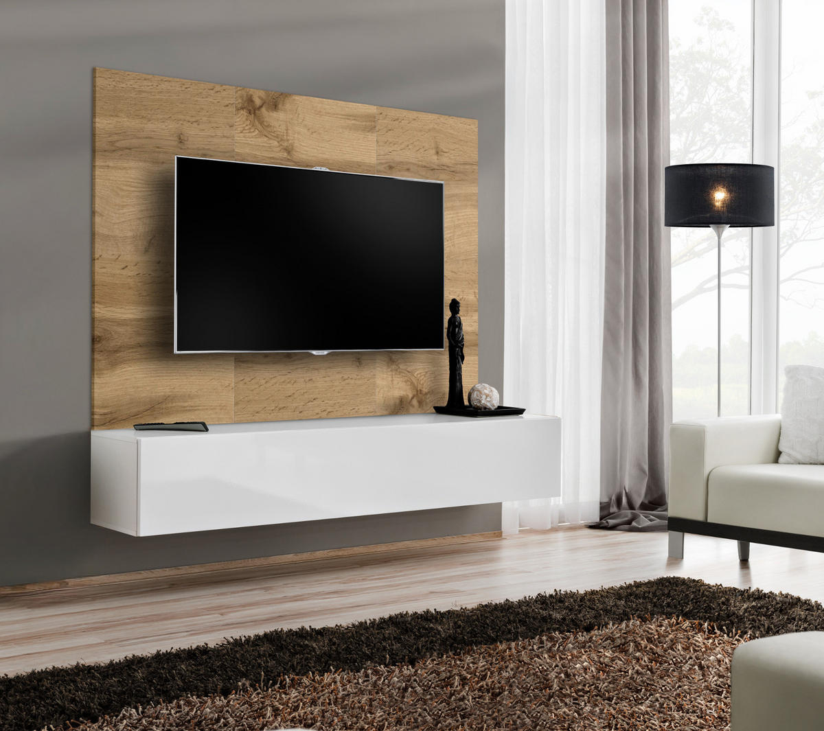 TV-LOWBOARD Eiche Wotan und weiß 180 cm, Set hängend inklusive Akustikpaneel - Eiche Wotan/Weiß, Holzwerkstoff (180/148/40cm) - Inn.Furn