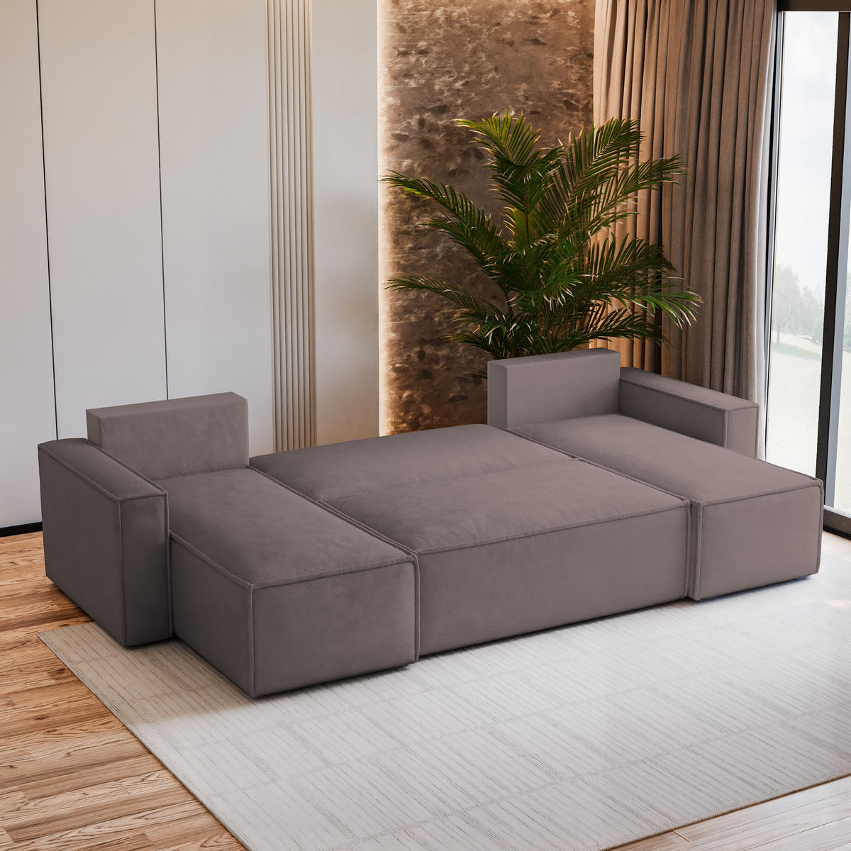 WOHNLANDSCHAFT PESANO M Lila Velours-Stoff mit Schlaffunktion - Lila, Holz (306/85/140cm) - MASSENO