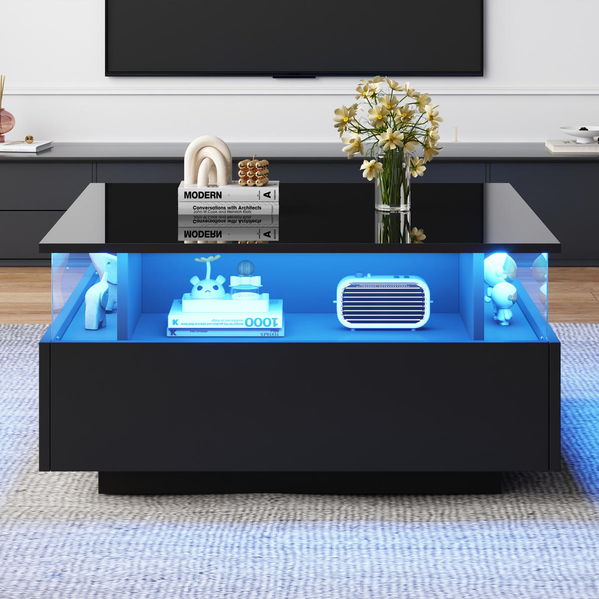 COUCHTISCH Lowboard mit LED-Beleuchtung, Schubladen und Glasfach, 70/70/41 cm, Schwarz, Spanplatte - Schwarz, Holzwerkstoff/Kunststoff (70/70/41cm) - EVRYAE