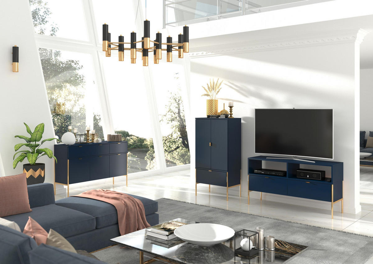 HIGHBOARD Polka, Marineblau, Goldene Details - Goldfarben/Dunkelblau, Holzwerkstoff/Metall (60/120/37cm) - Skandica