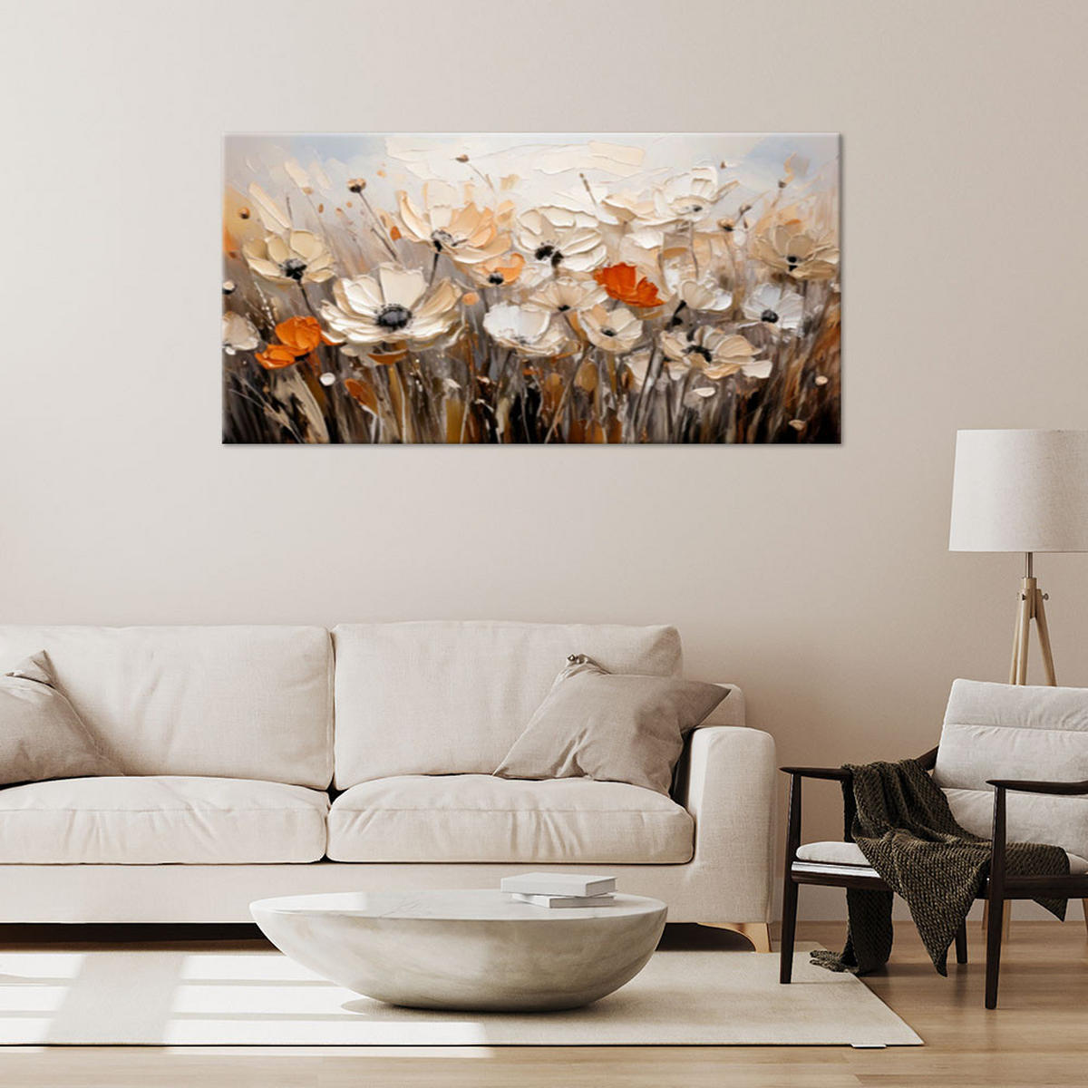 LEINWANDBILD Blumen auf einer Wiese Beige 80x40cm - Beige, Textil (80/40cm) - Feeby