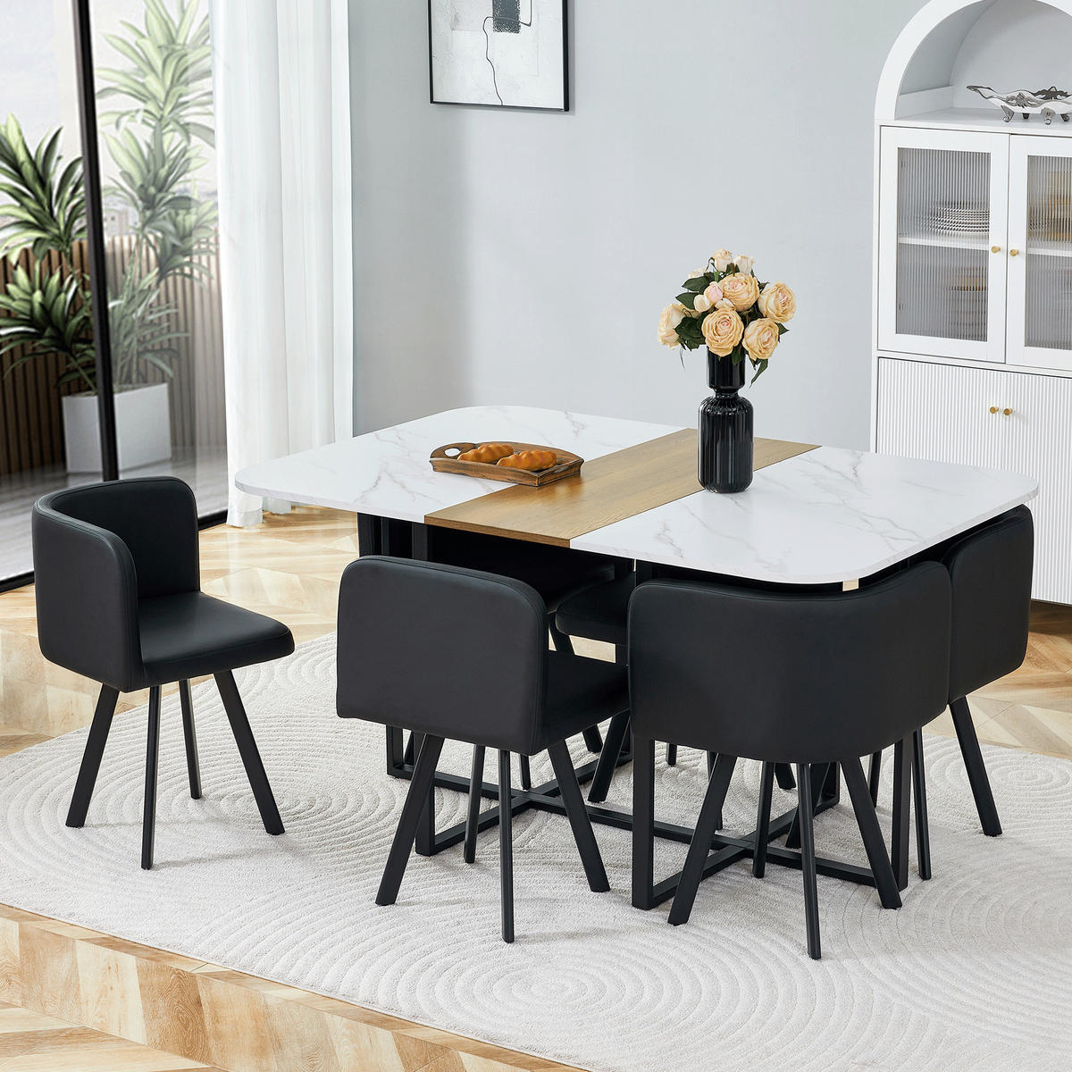 ESSGRUPPE DE-39497 ausziehbar, mit 4 Stühlen und Metallrahmen Weiß/Schwarz - Schwarz/Weiß, Holzwerkstoff (150/79/100cm) - ComfortXL