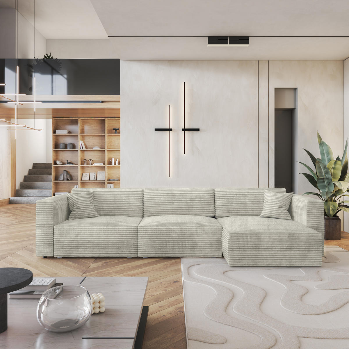 ECKSOFA TOLMO Hellgrau Kordstoff mit Schlaffunktion - Hellgrau/Grau, Holz/Kunststoff (347/148cm) - MASSENO