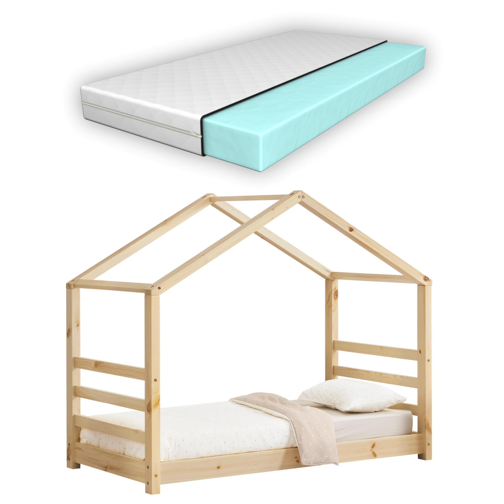 HAUSBETT Vardø mit Matratze - Naturfarben, Holz/Textil (80/160cm) - [en.casa]