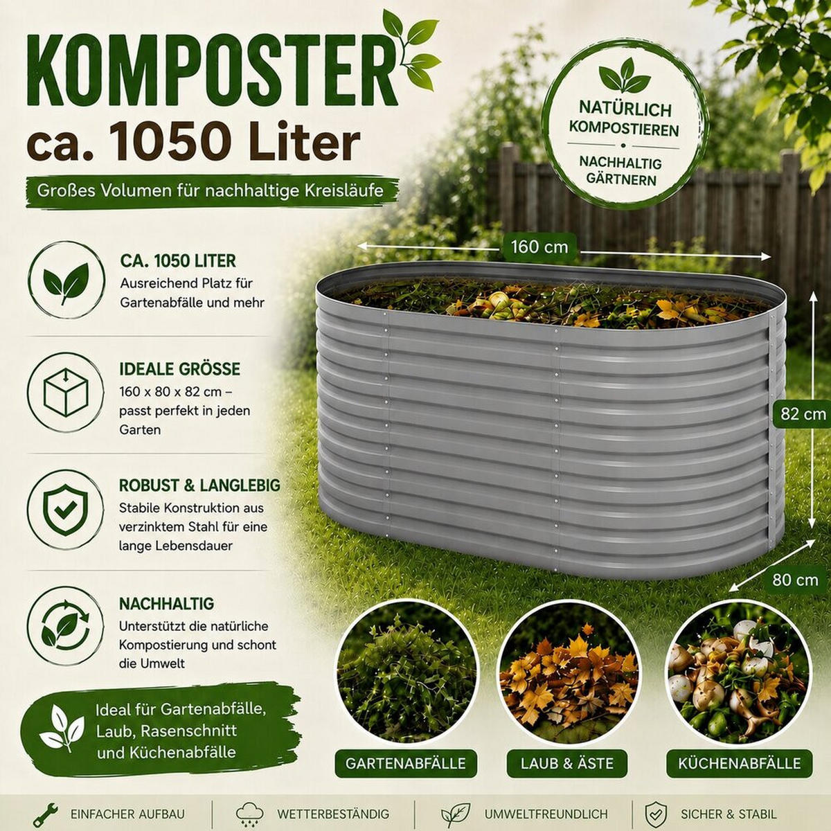 KOMPOSTER Garten, Silber, 160 x 82 cm - Silberfarben, Metall (160/80/82cm) - Vicco