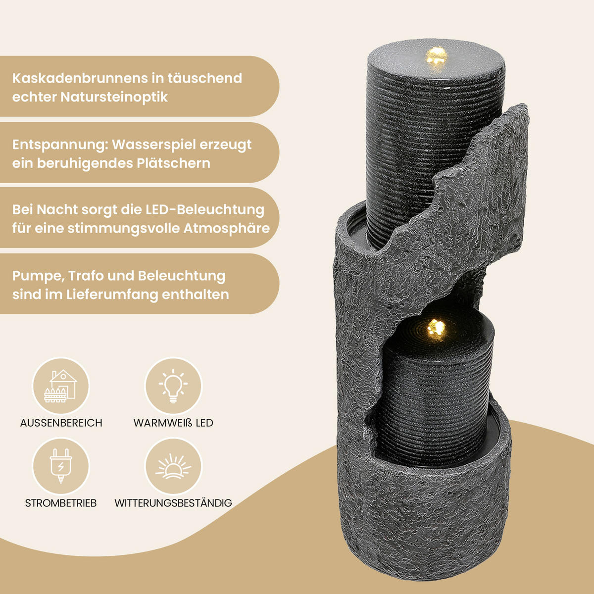 GARTENBRUNNEN, LED-Beleuchtung, Kunststein, Wasserspiel, Grau - Grau, Naturmaterialien (34.5/34.5/100.5cm) - FLIEKS