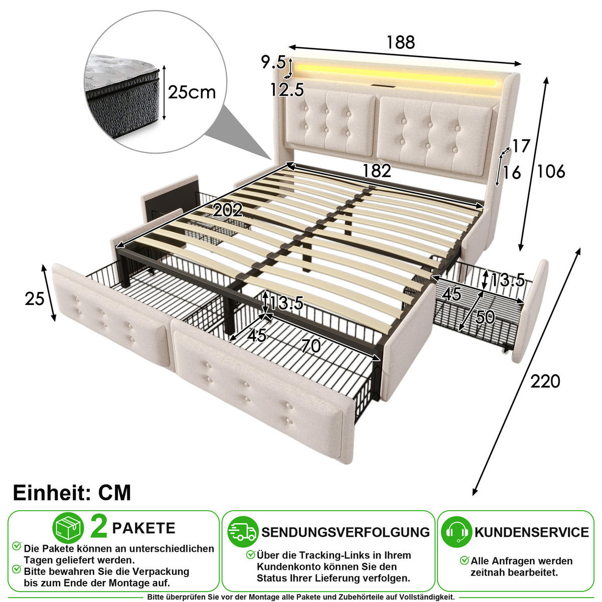POLSTERBETT 180/200 cm in Beige mit 4 Schubladen, LED, USB und Type-C Baumwoll-Leinenstoff - Beige, Holzwerkstoff/Textil (180/200cm) - CHICFURN