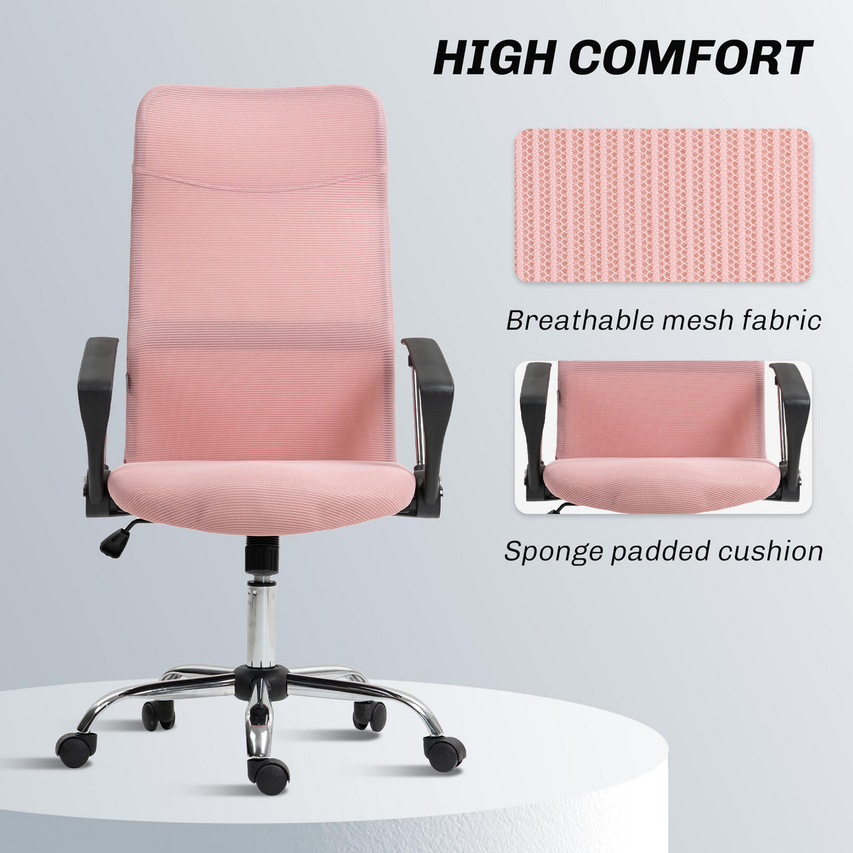 BÜROSTUHL Netz Stahl Rosa - Chromfarben/Schwarz, Kunststoff/Textil (65/119/63cm) - HOMCOM