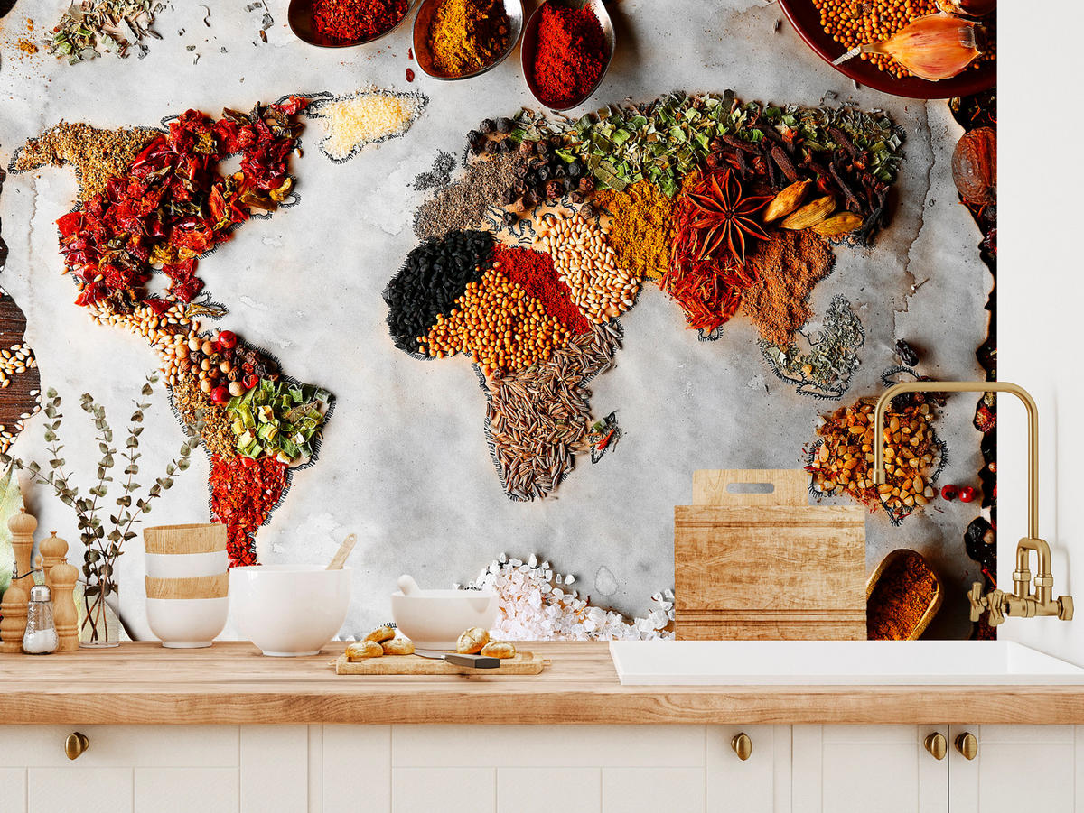 FOTOTAPETE für Küche Gewürz-Weltkarte Kulinarisch Kunst 350x256 - Beige/Gelb, Papier (350/256cm) - Muralo